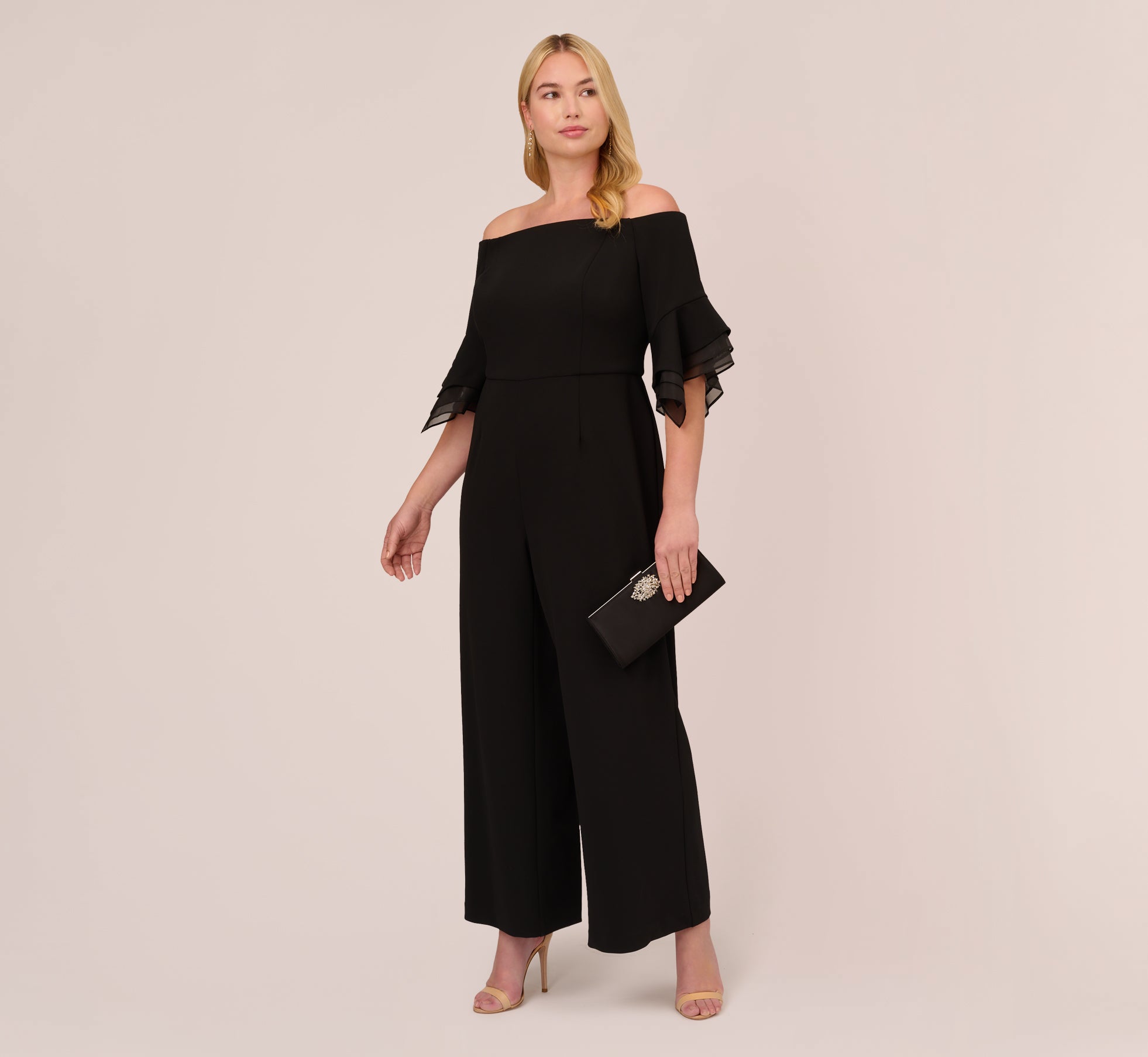 Plus Size Off The Shoulder Crepe Jumpsuit With Organza Sleeves In Black、mySite、solidvoid