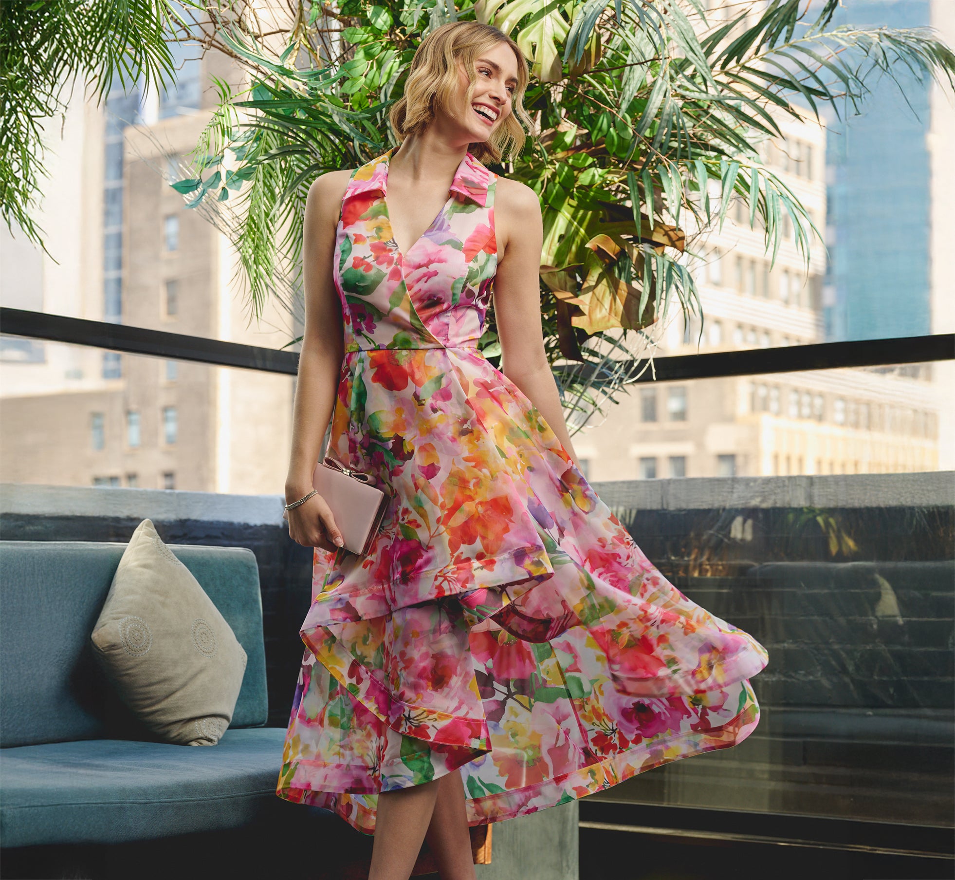 Sleeveless Floral Organza Collared High Low Dress In Pink Multi、mySite、solidvoid