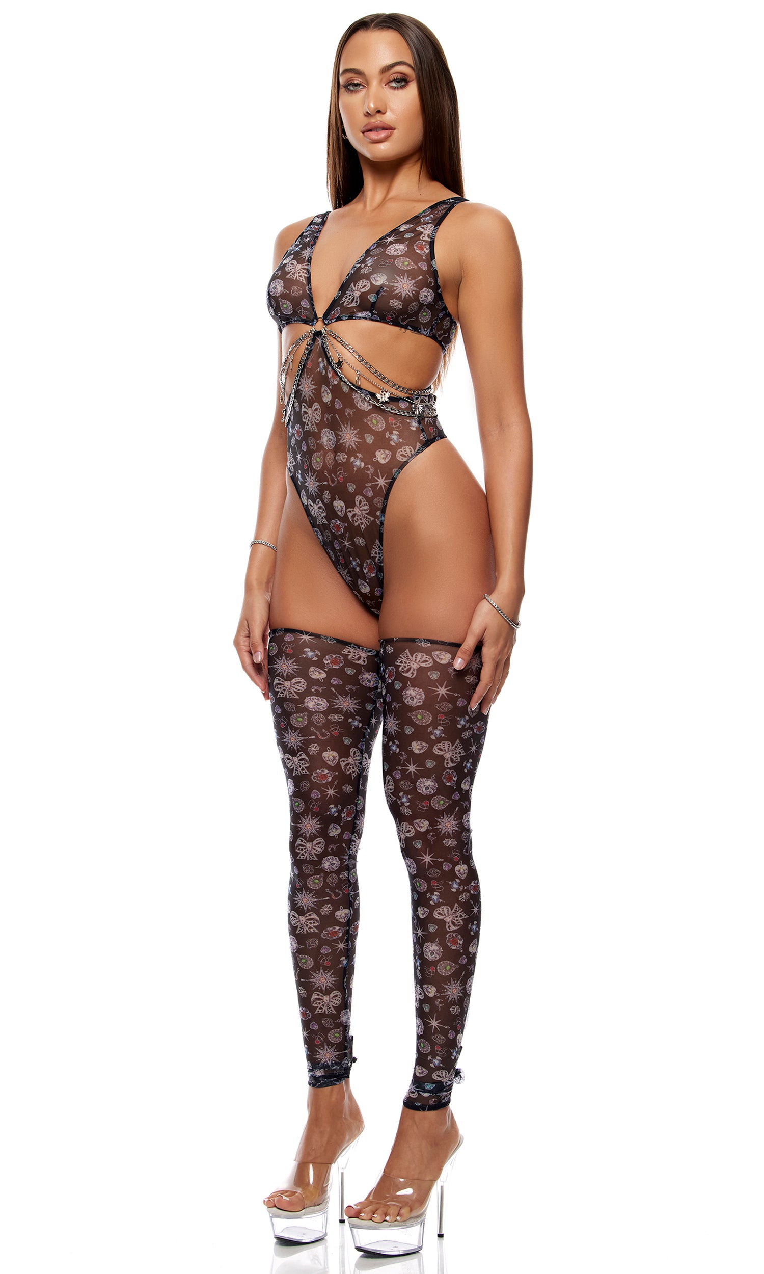 Sheer Charm Mesh and Chains Teddy Lingerie Set - Black、mySite、bengalsvssteelers