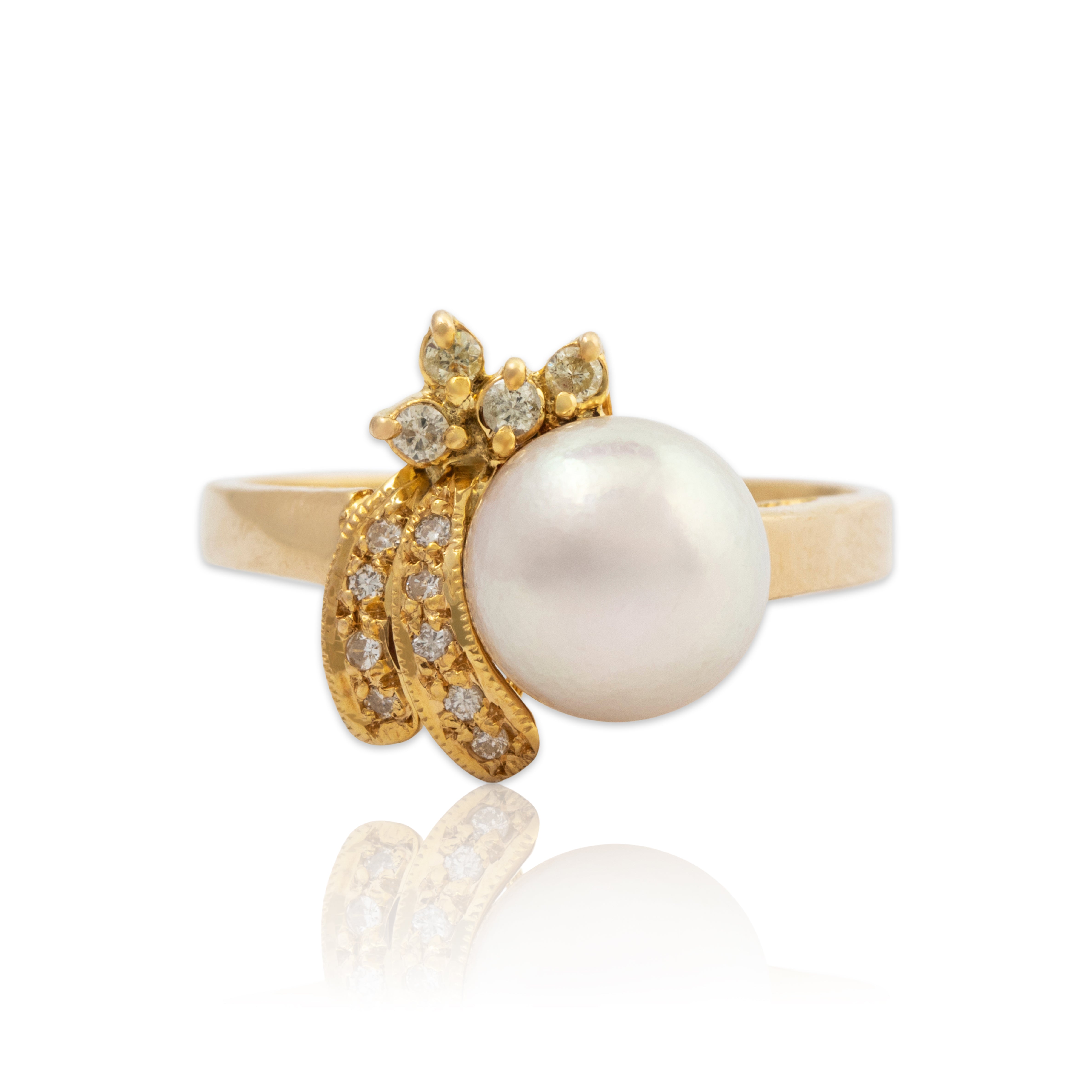 Vintage 14k Yellow Gold Pearl Diamond Asymmetric Splendor Ring 7.75、mySite、hinf8tx79