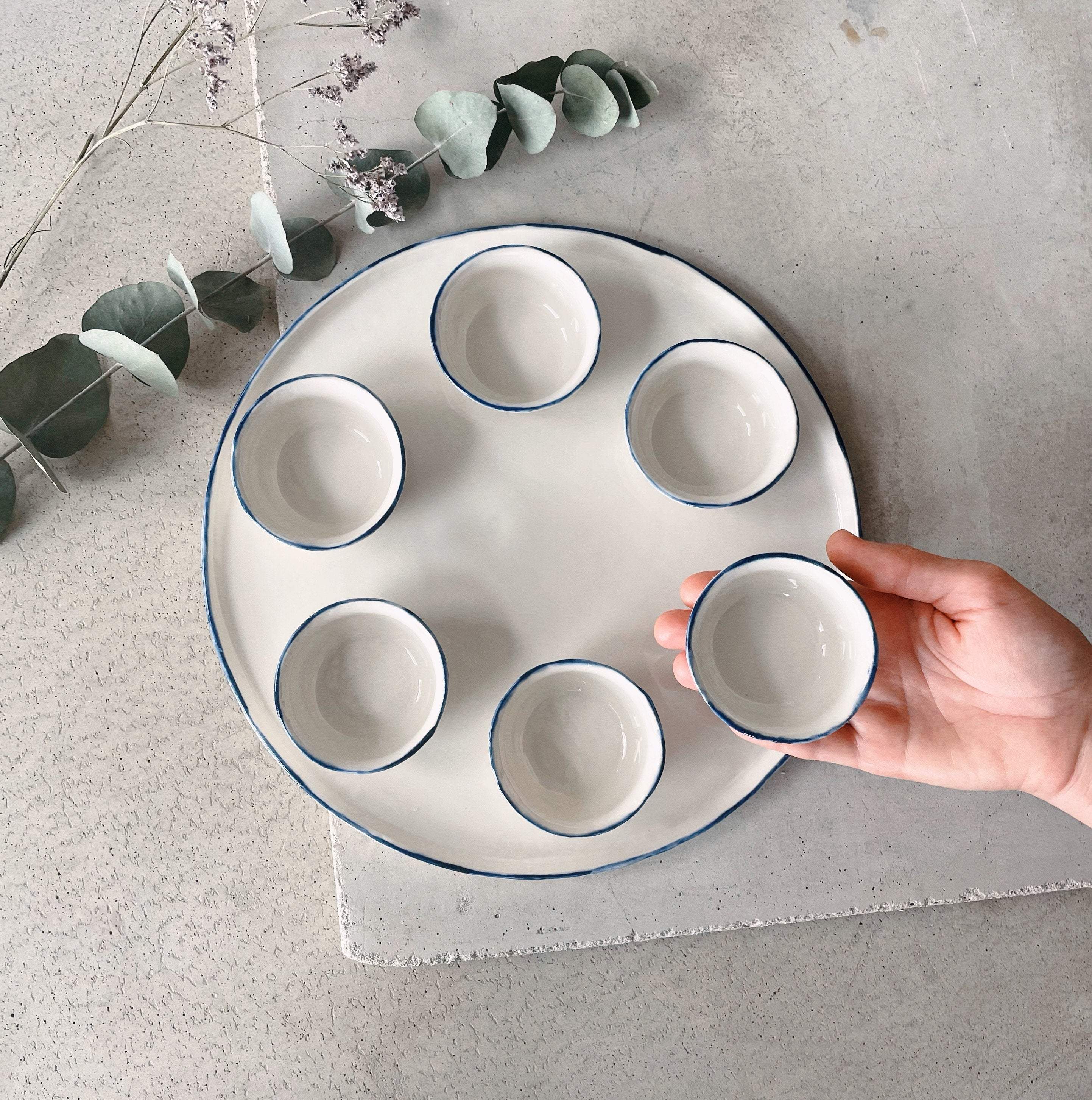 White with Blue Trim Porcelain Seder Plate by SIND Studio、mySite、topwebapps
