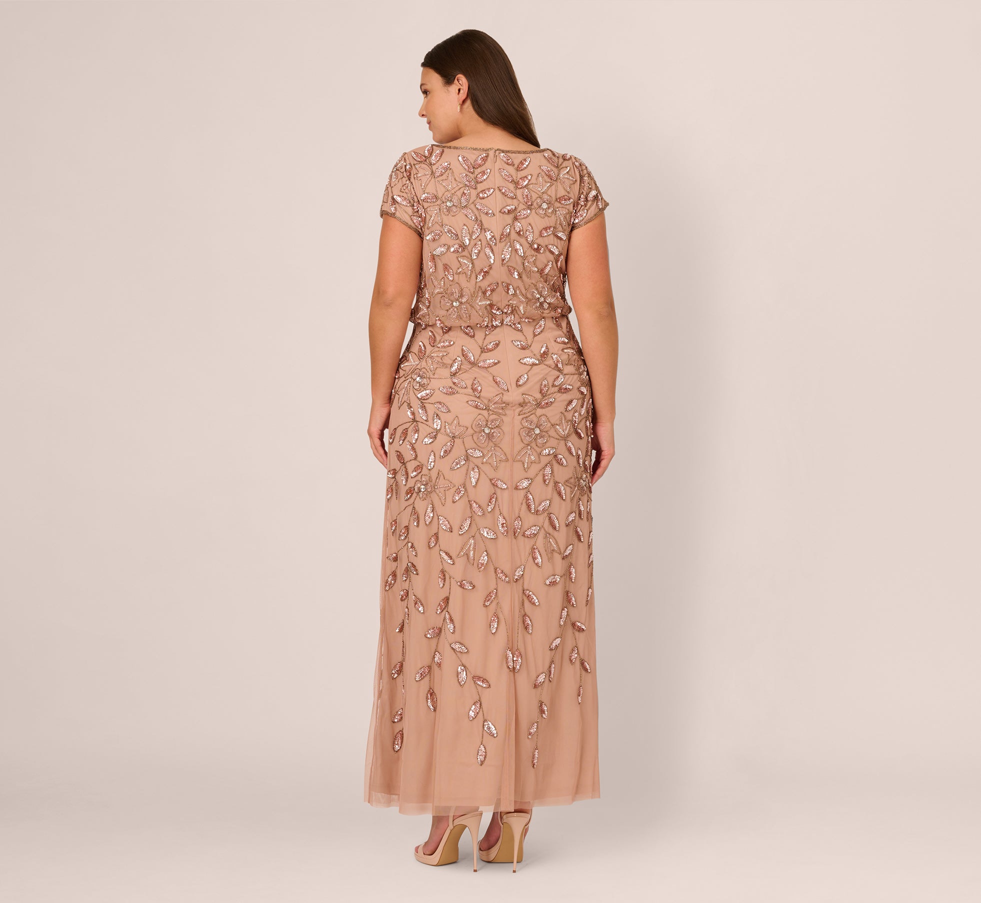 Plus Size Blouson Short Sleeve Beaded Long Dress In Rose Gold、mySite、solidvoid