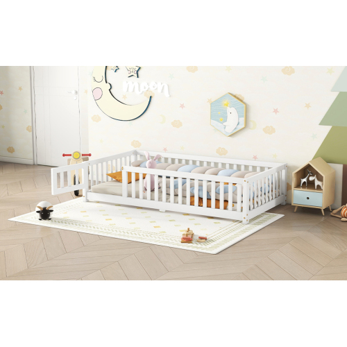 Twin Size Bed Floor Bed with Safety Guardrails and Door for Kids, Natural(Old SKU: W158090686)、、casual