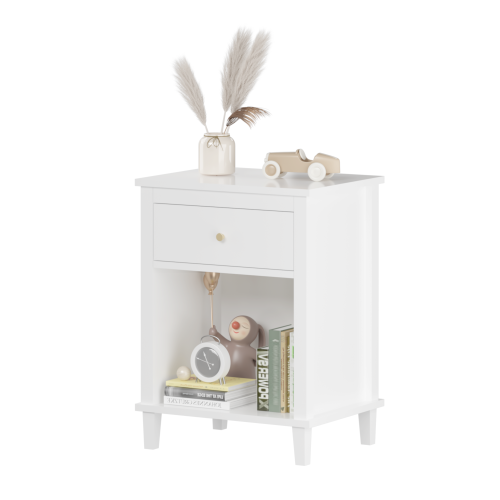 26.77''H Wooden Nightstand with One Drawer One Shelf for Kids, Adults, White+Golden handle、、casual
