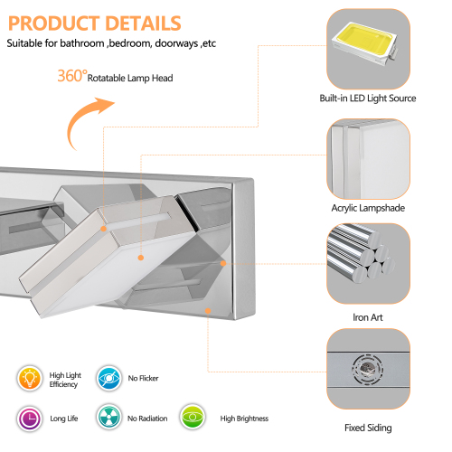 Modern Chrome LED Vanity Light, 5-Lights Wall Sconce for Bathroom and Mirror, Sleek Minimalist Design, Energy-Efficient, Easy to Install、、eastwooduniform