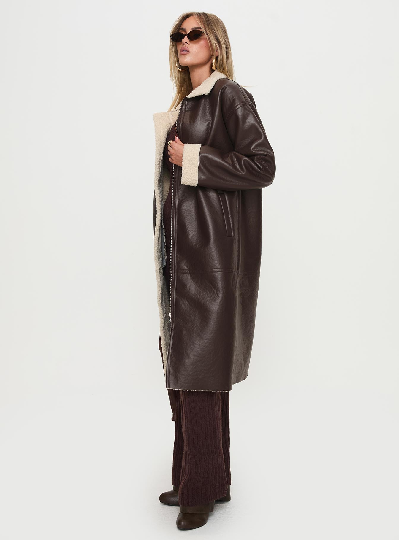 Ammelia Shearling Long-line Jacket Brown、mySite、solidvoid