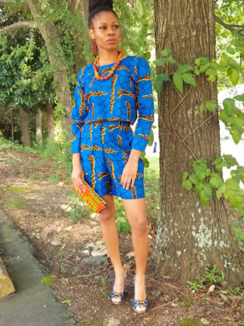 Royal Blue and Orange 3-4 Sleeve Crop Top-DP3978、mySite、solidvoid