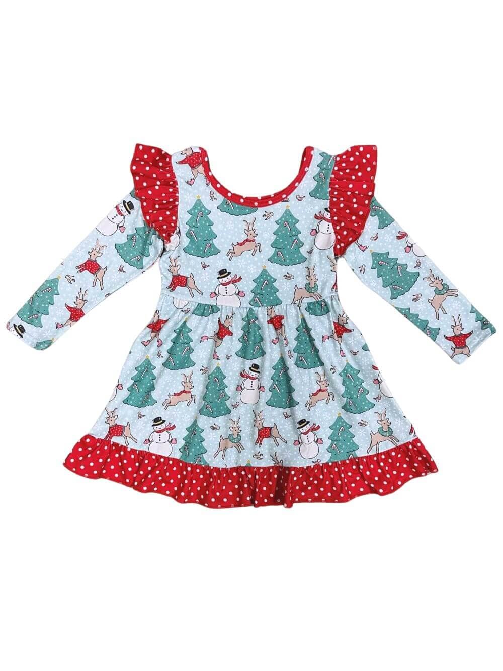Christmas Dreams Reindeer & Snowman Ruffle Trim Girls Dress、mySite、camillekostekn