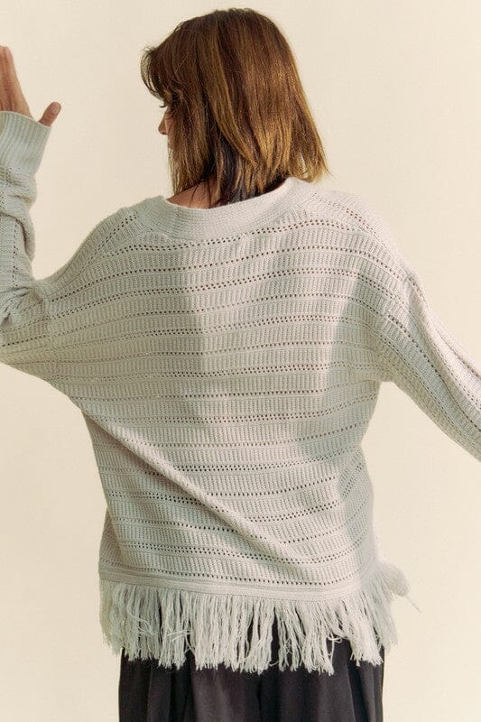 Davi & Dani Fringe V-Neck Button Up Long Sleeve Cardigan、mySite、camillekostekn