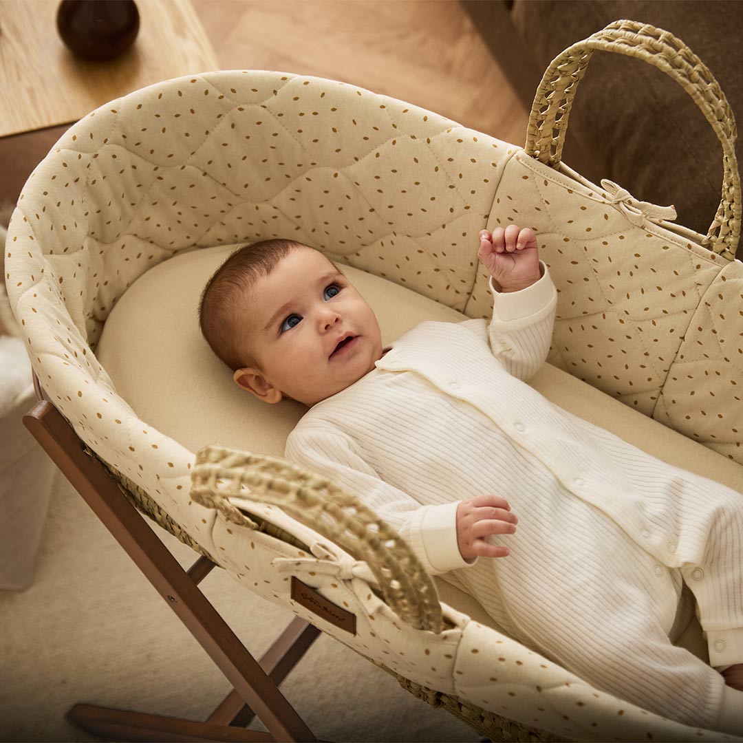  The Little Green Sheep Quilted Moses Basket and Rocking Stand Bundle - Linen Rice / Walnut、mySite、merchandisen