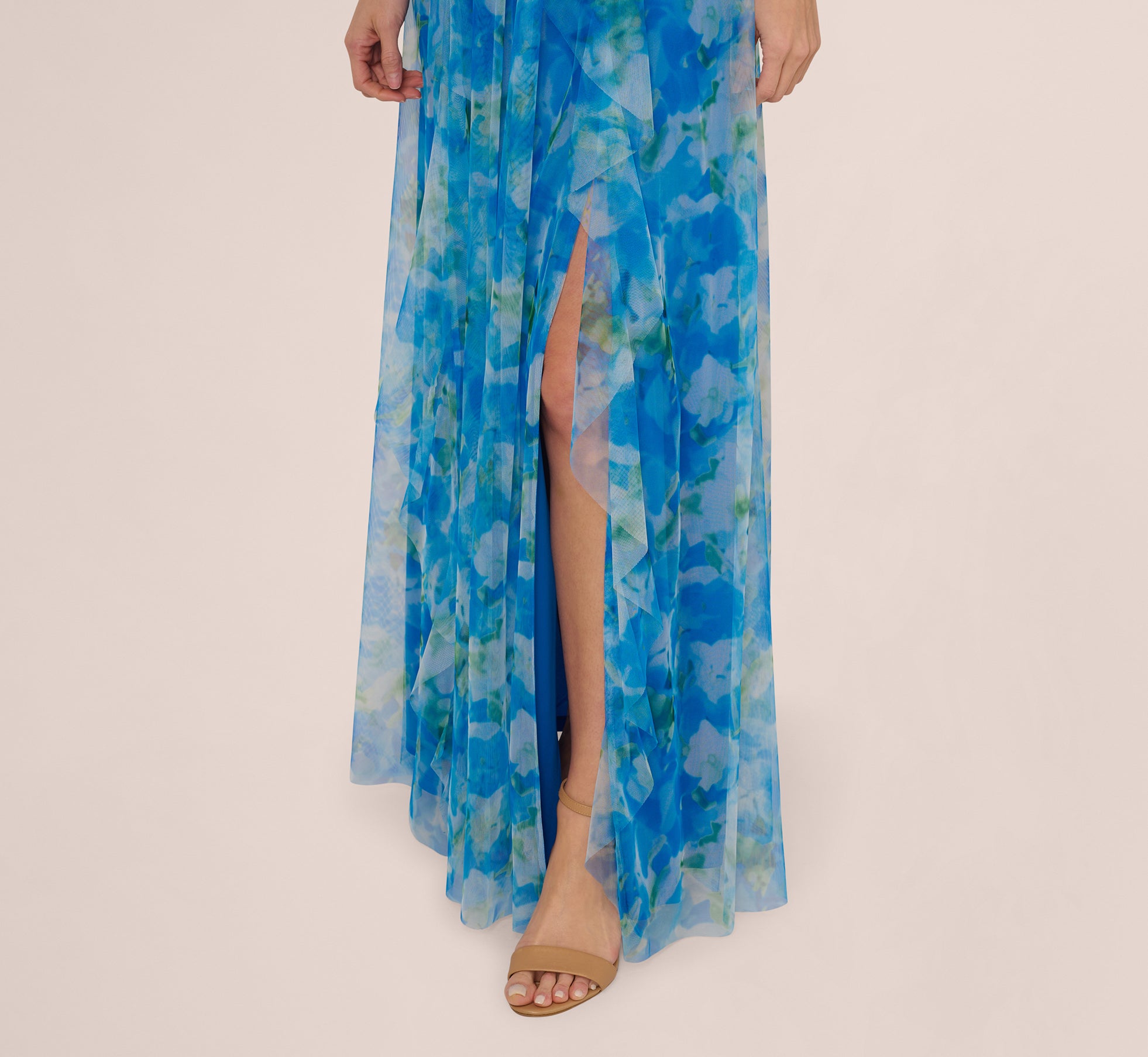 One Shoulder Watercolor Combo Gown In Blue Multi、mySite、solidvoid