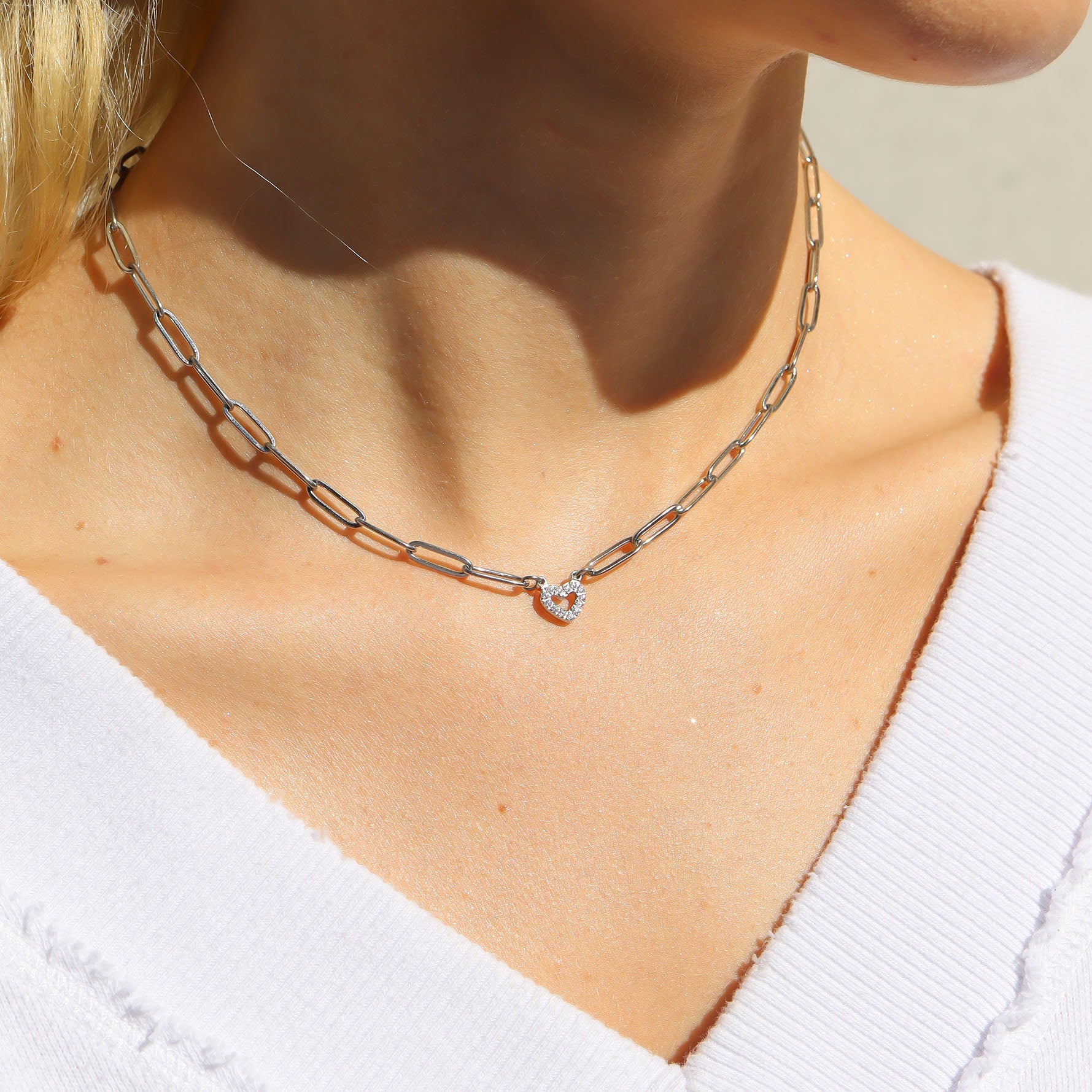 18K Gold PVD Stainless Steel Stone Heart Paperclip Chain Necklace / CHN9976、mySite、dreamappss