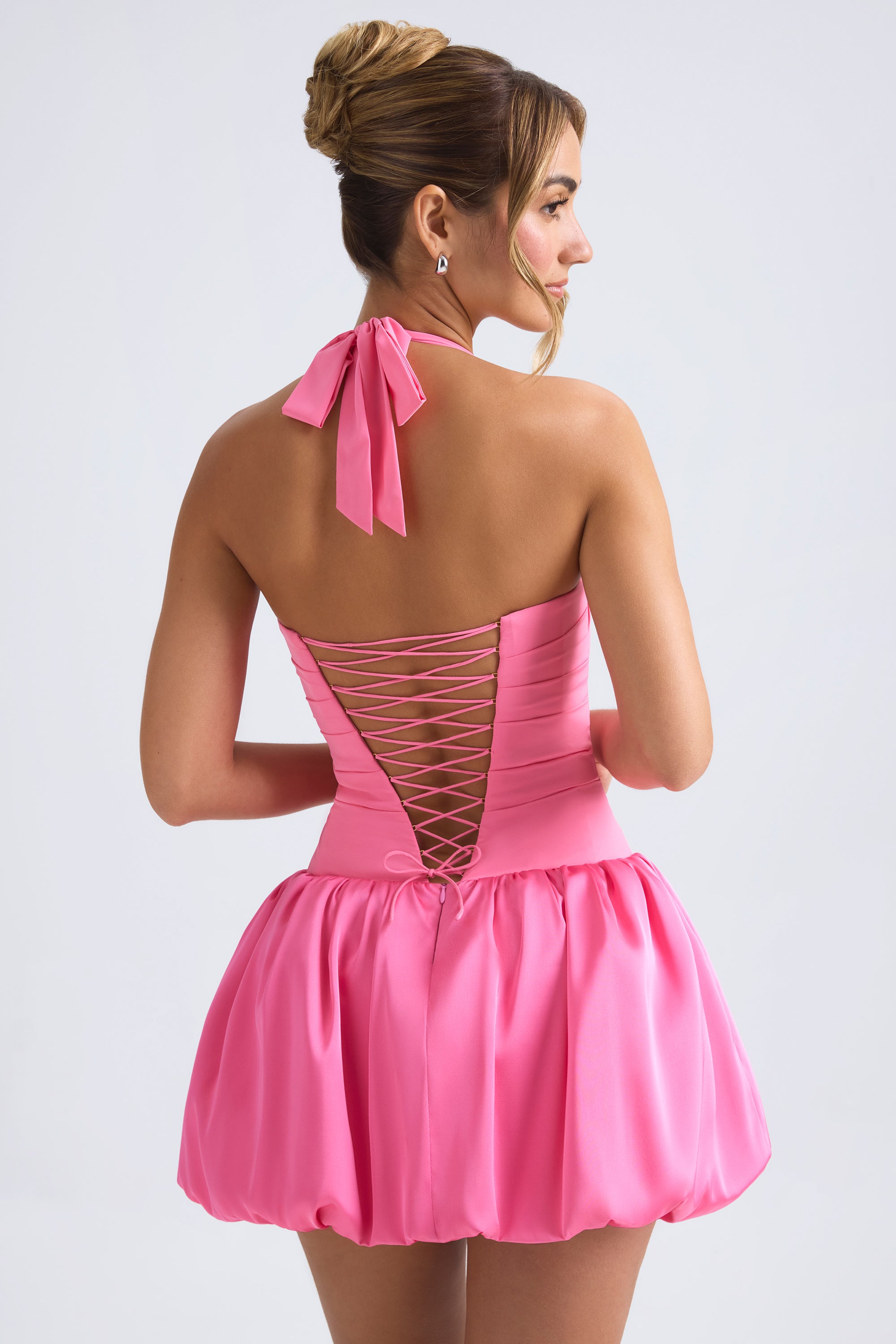 Halterneck Lace-Up Bubble Hem Corset Micro Mini Dress in Hot Pink、mySite、solidvoid