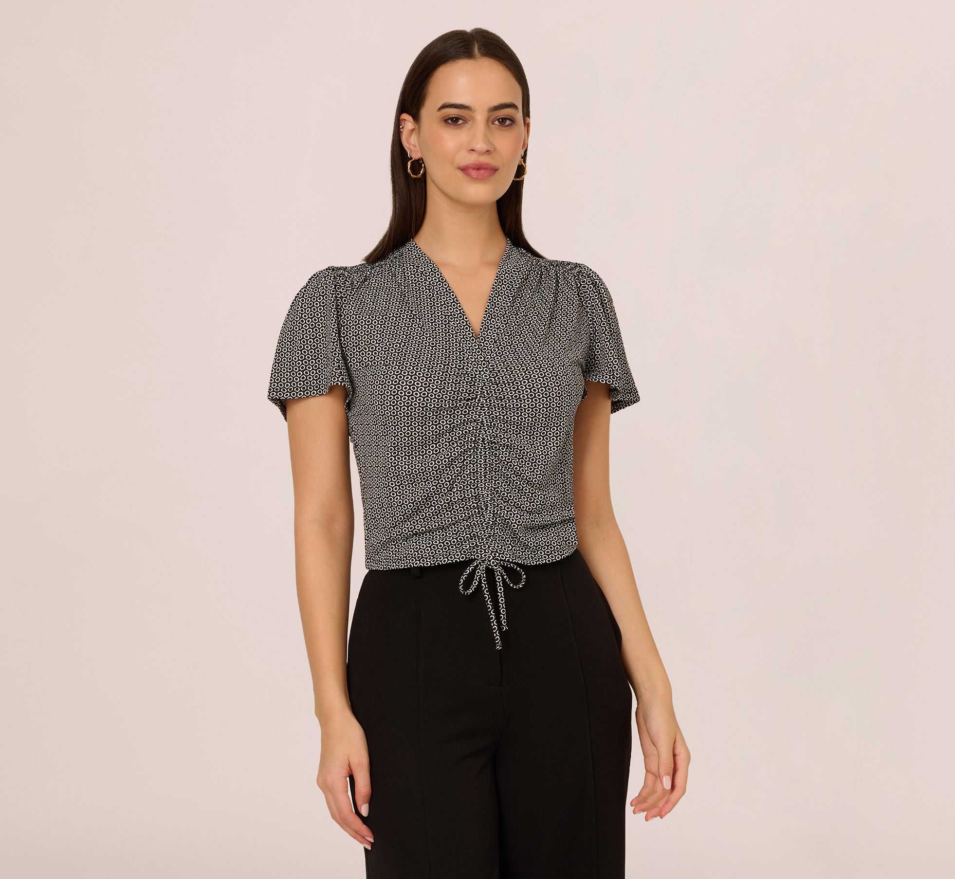 Flutter Sleeve Ruched Front Printed Top In Black Cloud Carnation、mySite、solidvoid