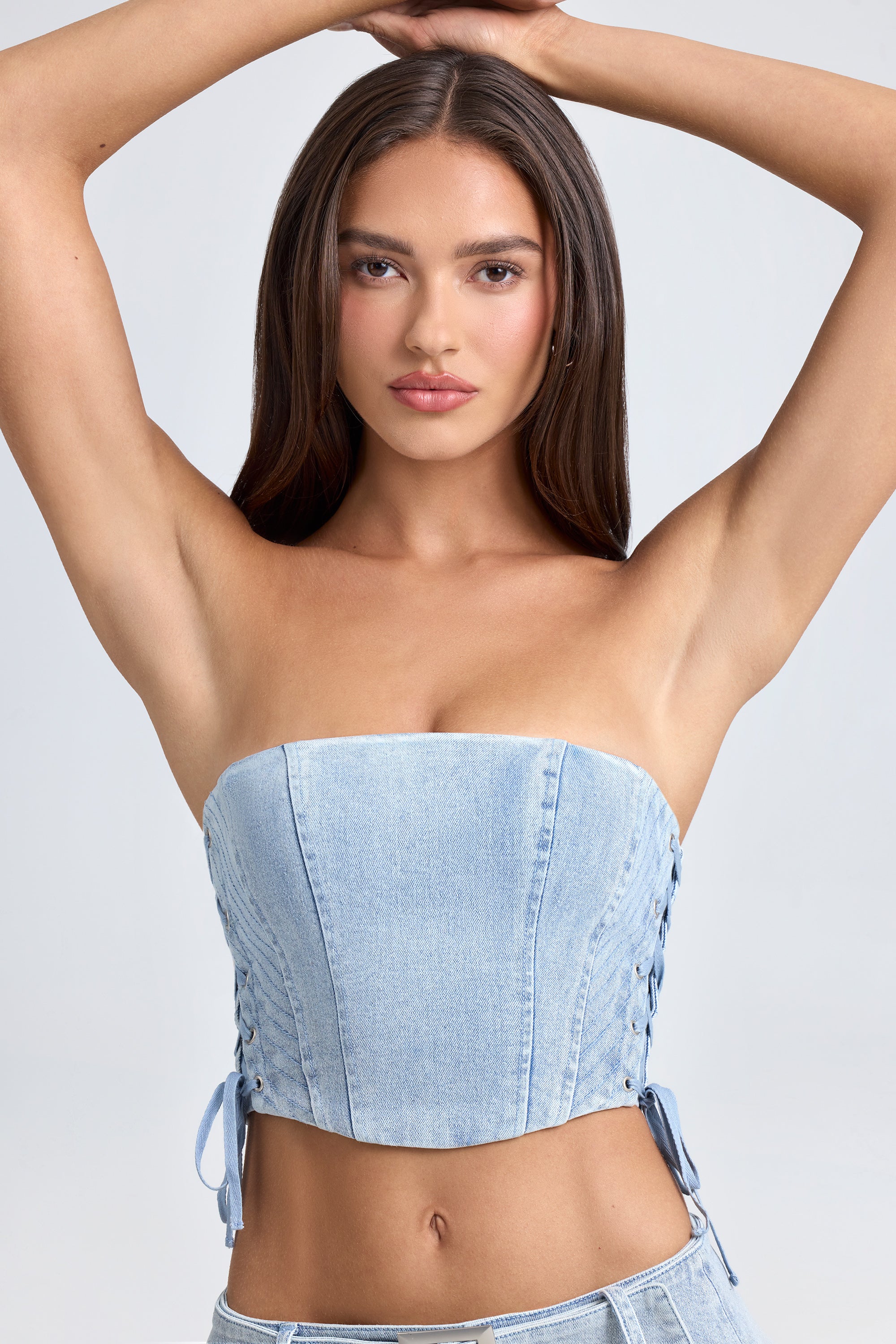 Bandeau Lace-Up Corset Crop Top in Light Blue Stonewash、mySite、solidvoid