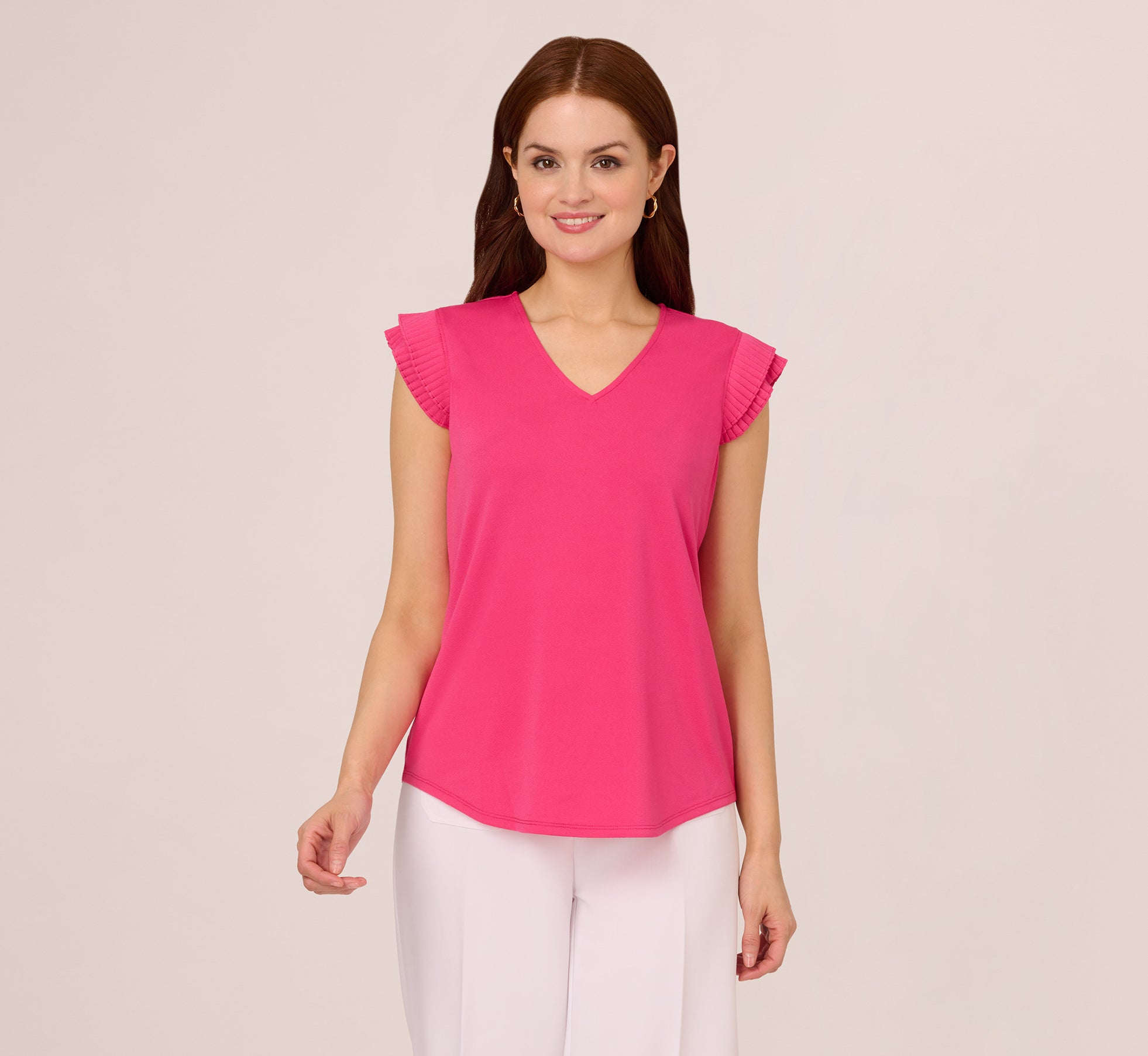 V-Neck Top With Pleated Flutter Sleeves In Fuchsia Fedora、mySite、solidvoid