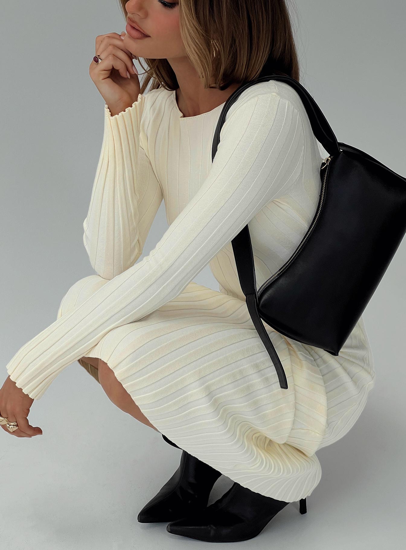 Ryo Long Sleeve Rib Maxi Dress Cream、mySite、solidvoid