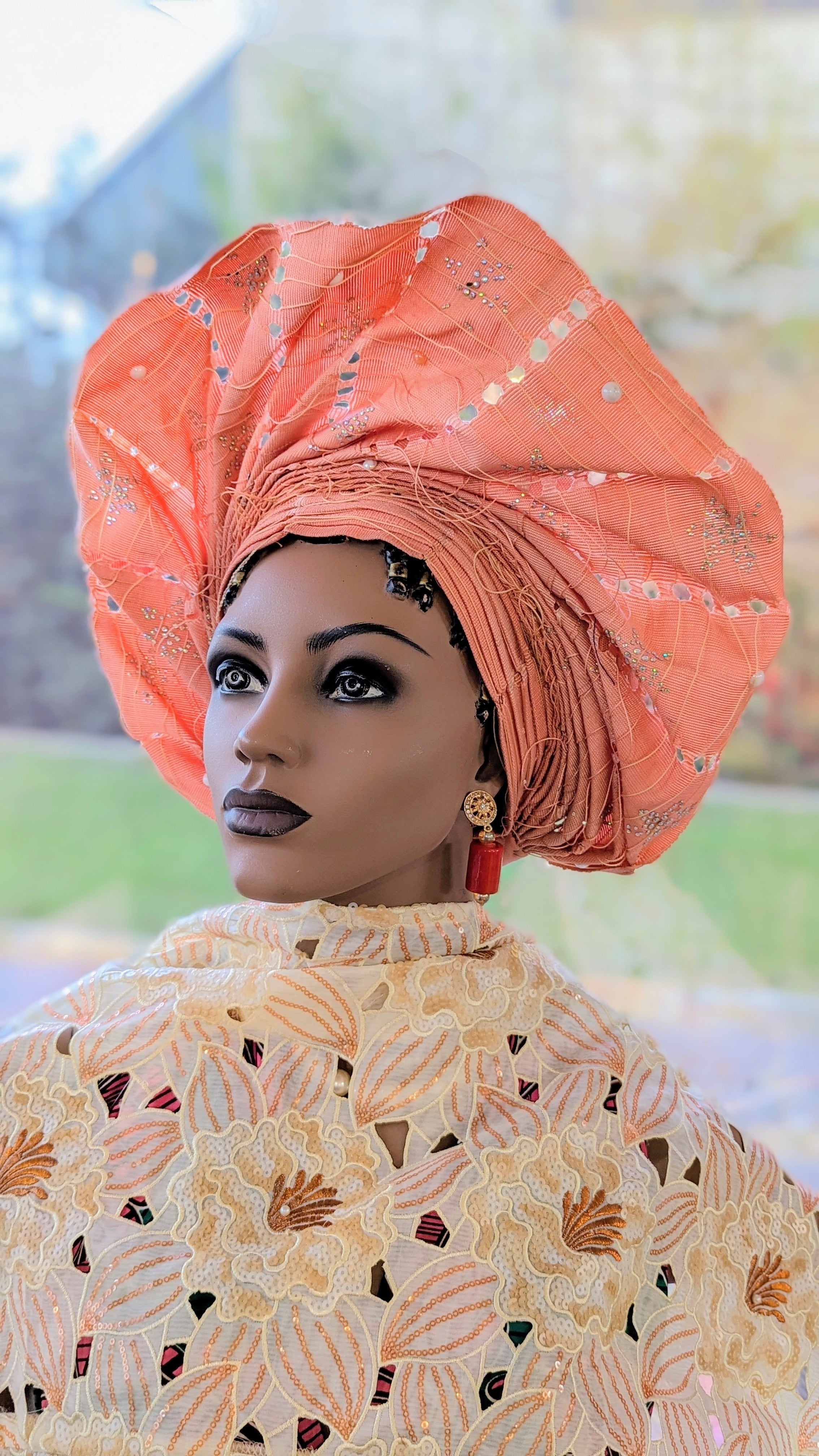 Bimmi Peach Onjawu Aso Oke African Head Tie Autogele Pre-tied head wrap-DPAGPO5、mySite、solidvoid