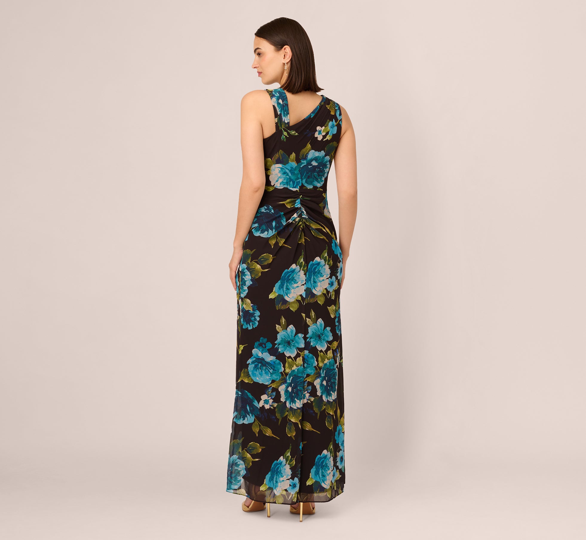Asymmetrical Draped Floral Chiffon Gown In Black Multi、mySite、solidvoid