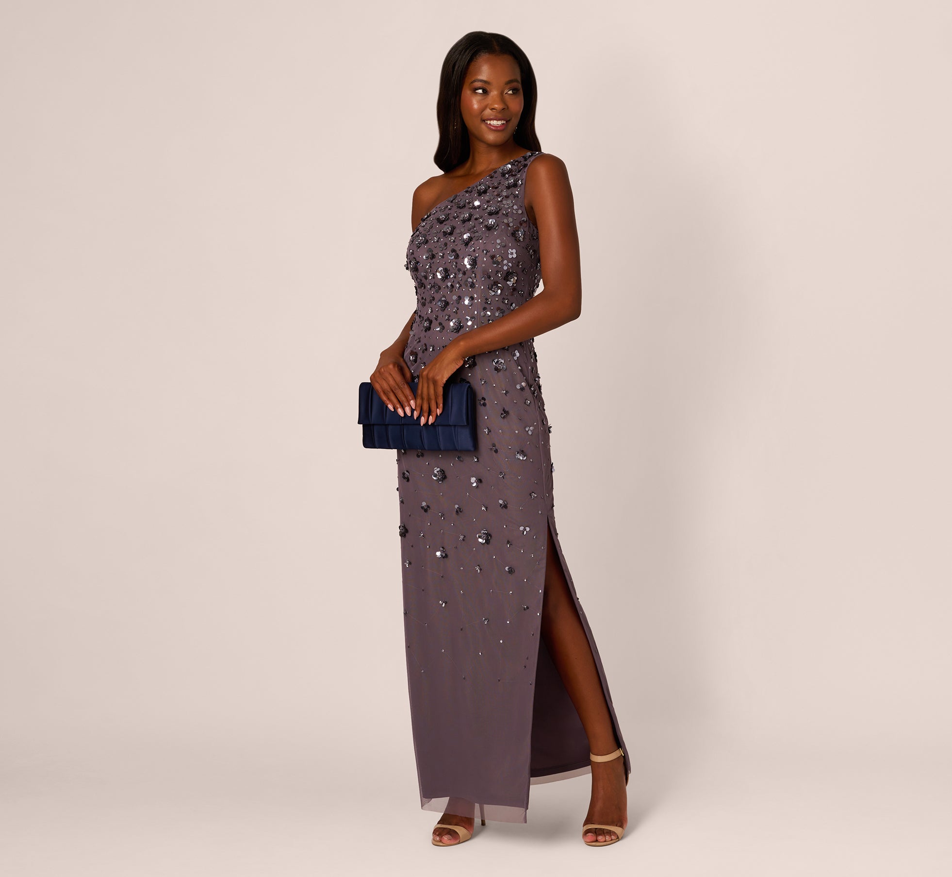 3D Floral Hand-Beaded One-Shoulder Long Column Gown In Moonscape、mySite、solidvoid