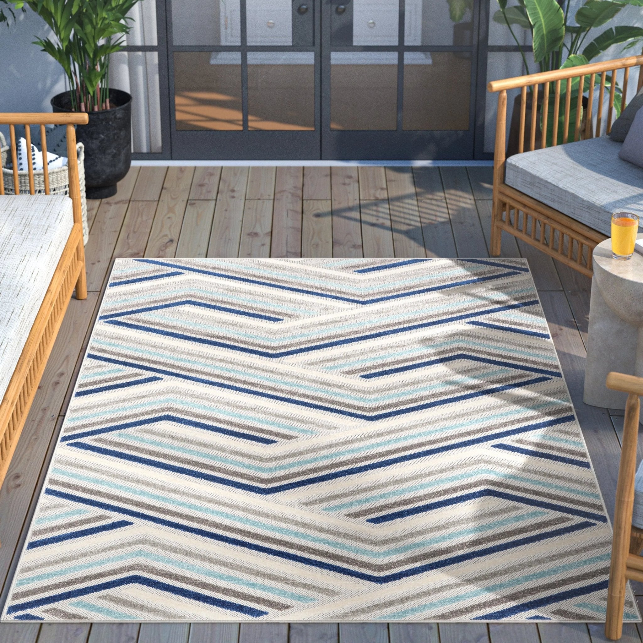 Neema Modern Chevron Striped Indoor/Outdoor Grey Blue High-Low Rug、mySite、gigharbornorthrealestate