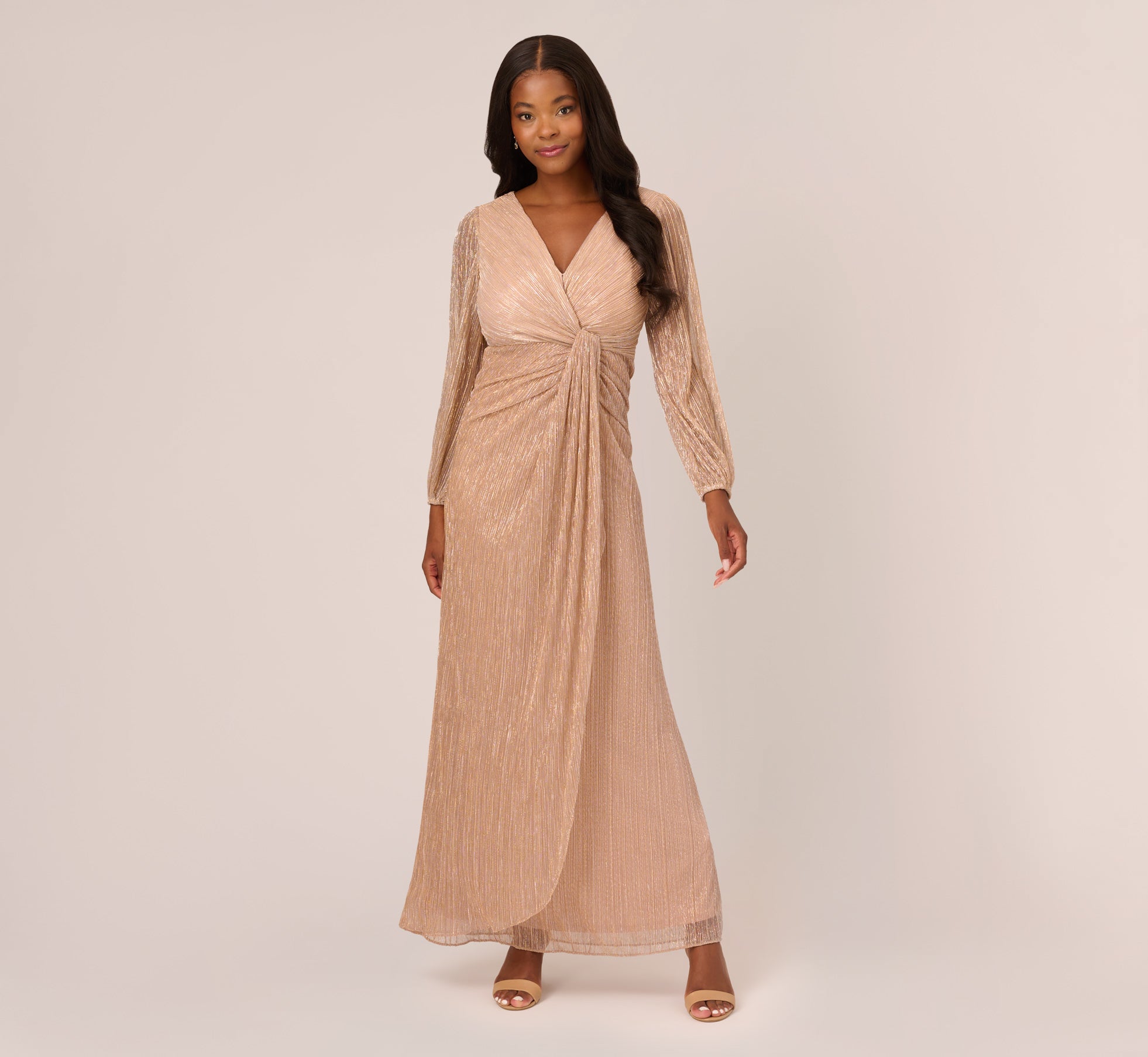 Metallic Crinkled Mesh Draped Long Gown In Light Gold、mySite、solidvoid