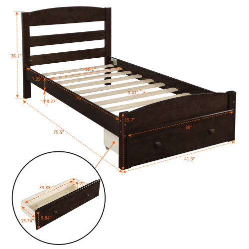 Platform Twin Bed Frame with Storage Drawer and Wood Slat Support No Box Spring Needed, Walnut、、casual