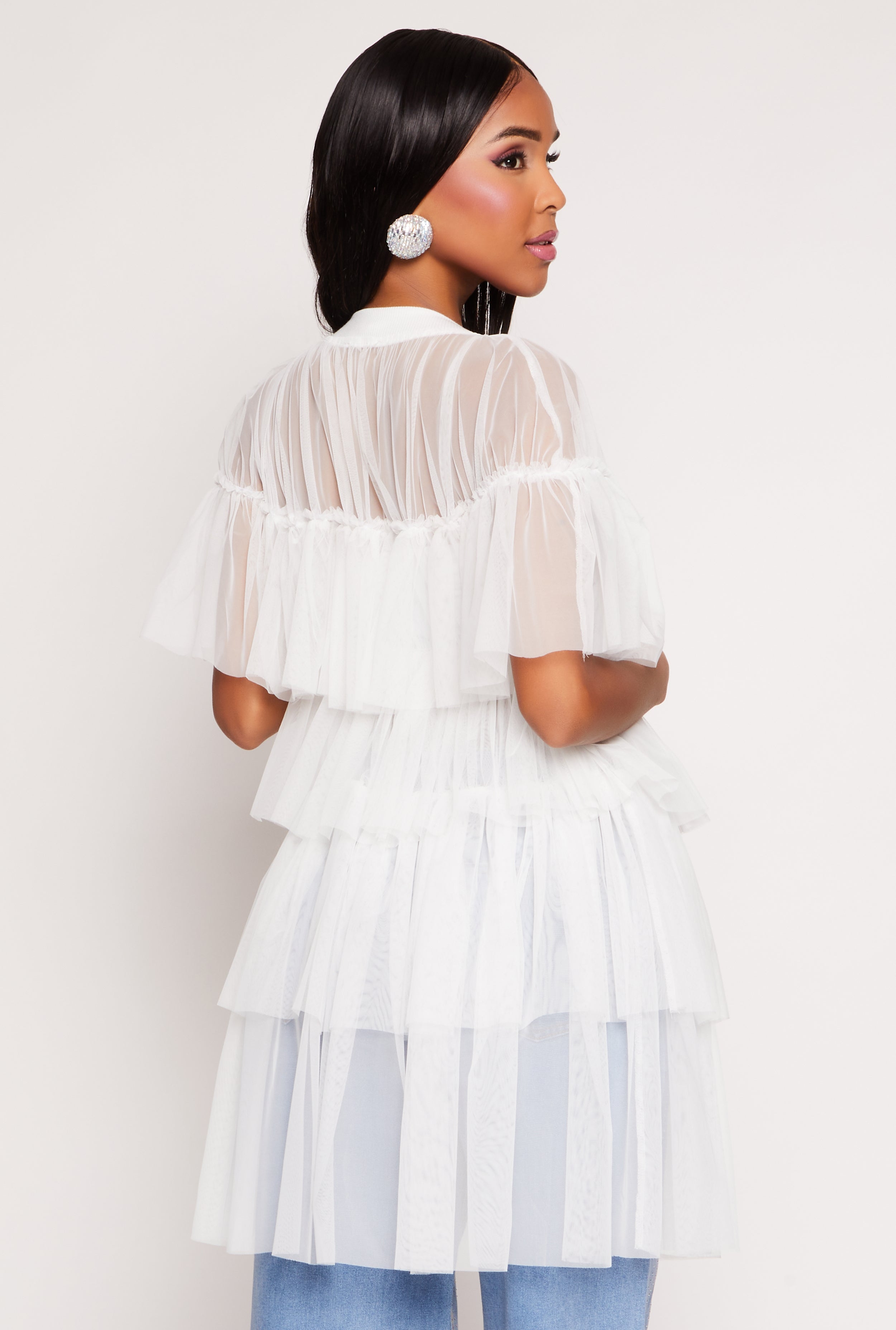 Mesh Tiered Zip Front Blouse、mySite、camillekostekn