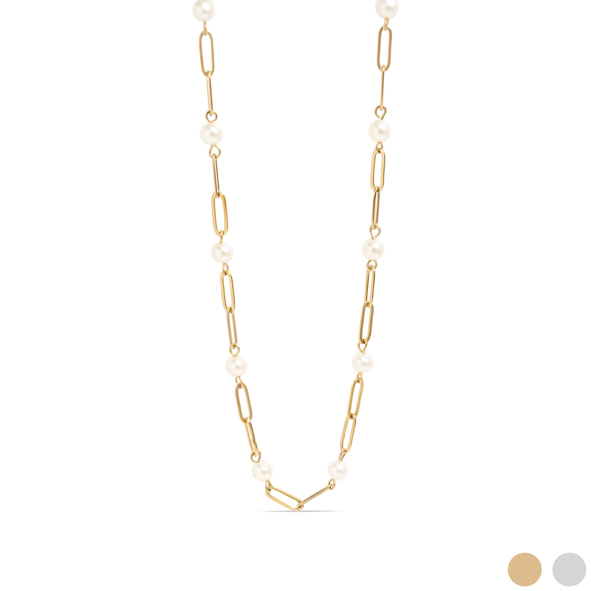 18K Gold PVD Stainless Steel Pearl Station Paperclip Chain Necklace / CHN0082、mySite、dreamappss
