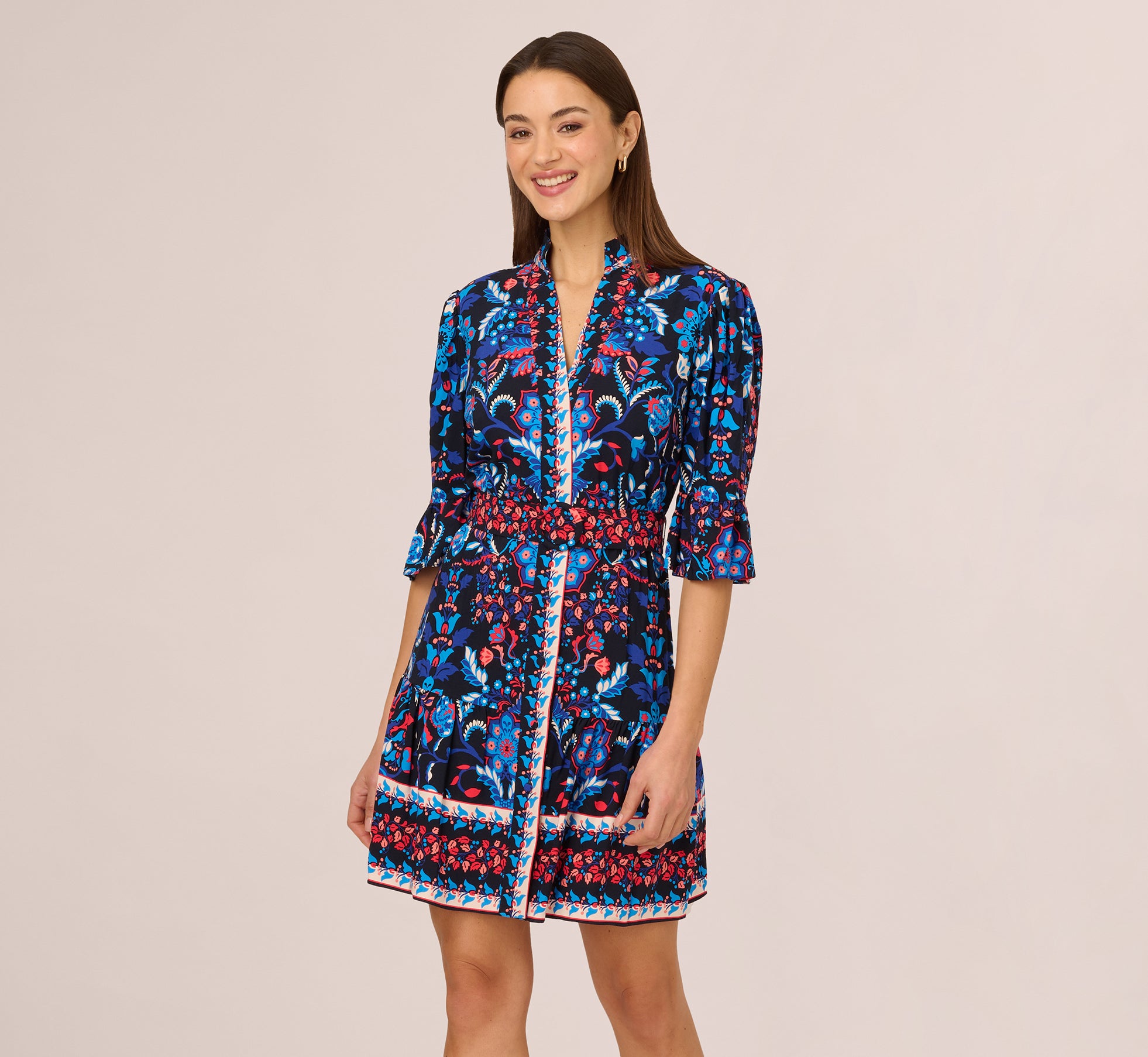 Abstract Print Button Down Dress With Three Quarter Bell Sleeves In Navy Multi、mySite、solidvoid