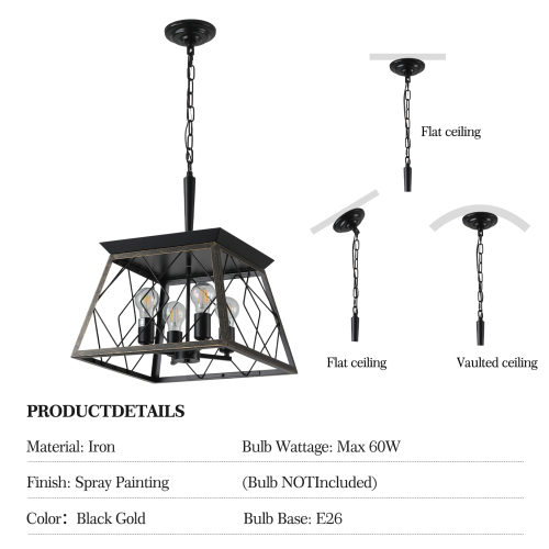 (Same as W1340111202/L1008) 16" Walnut Industrial 4-Light Pendant Chandelier, Modern Metal Cage Design, Adjustable Hanging Light for Dining Room, Kitchen, Living Room (No Bulbs)、、eastwooduniform