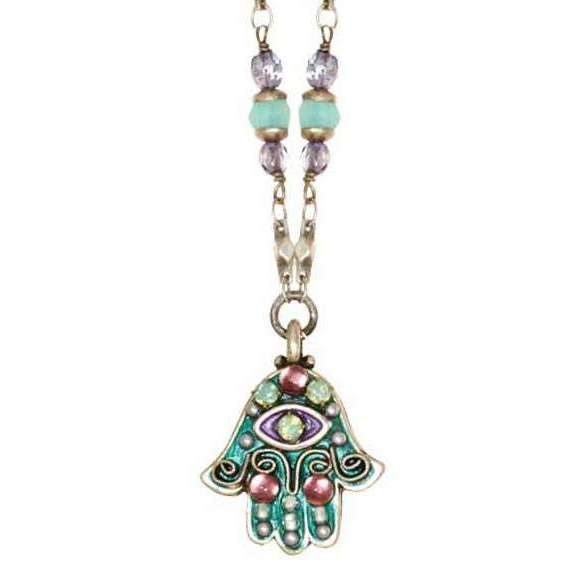 Michal Golan Pale Pink and Green Hamsa Necklace with Evil Eye、mySite、topwebapps
