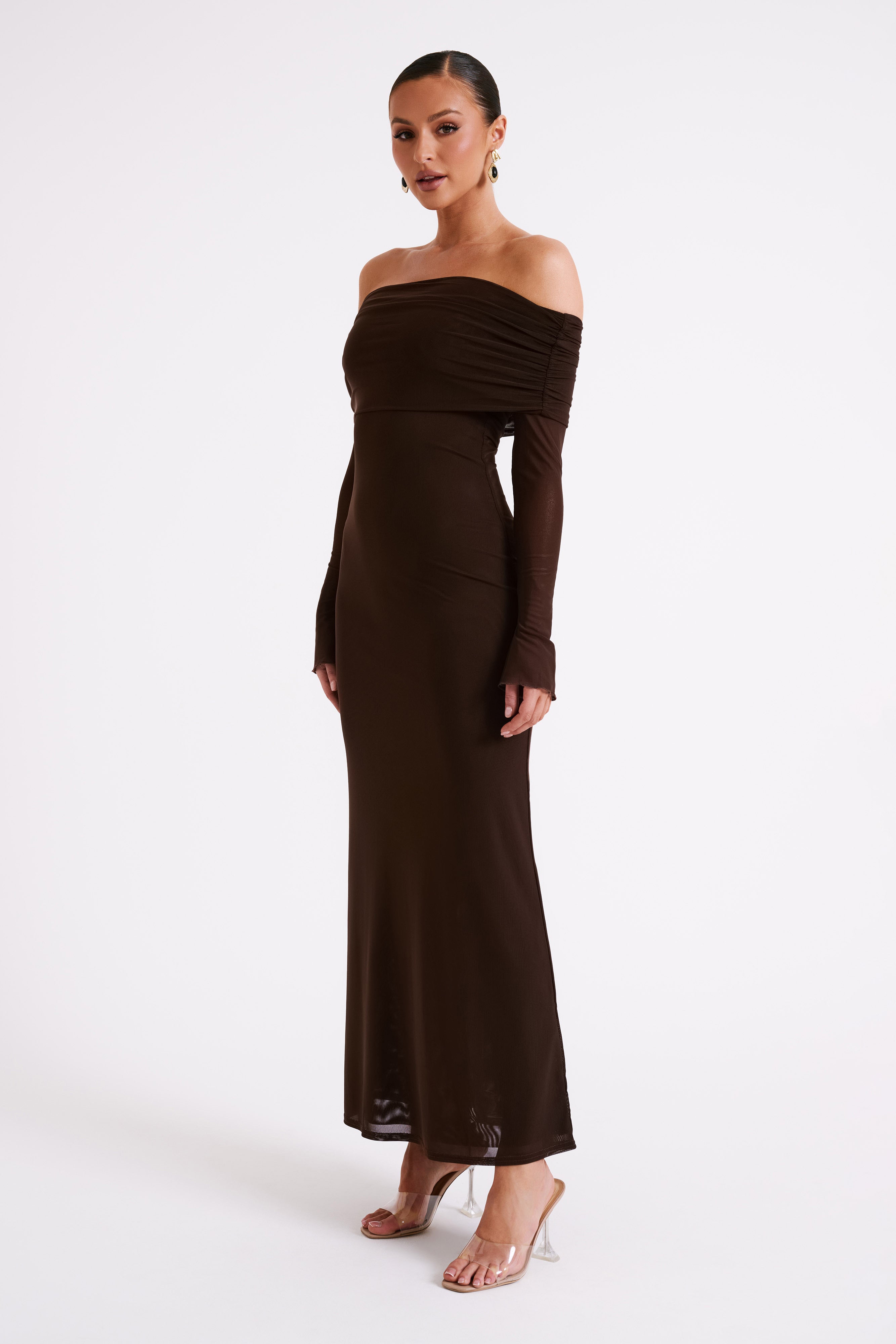 Josie Off Shoulder Mesh Maxi Dress - Dark Brown、mySite、solidvoid