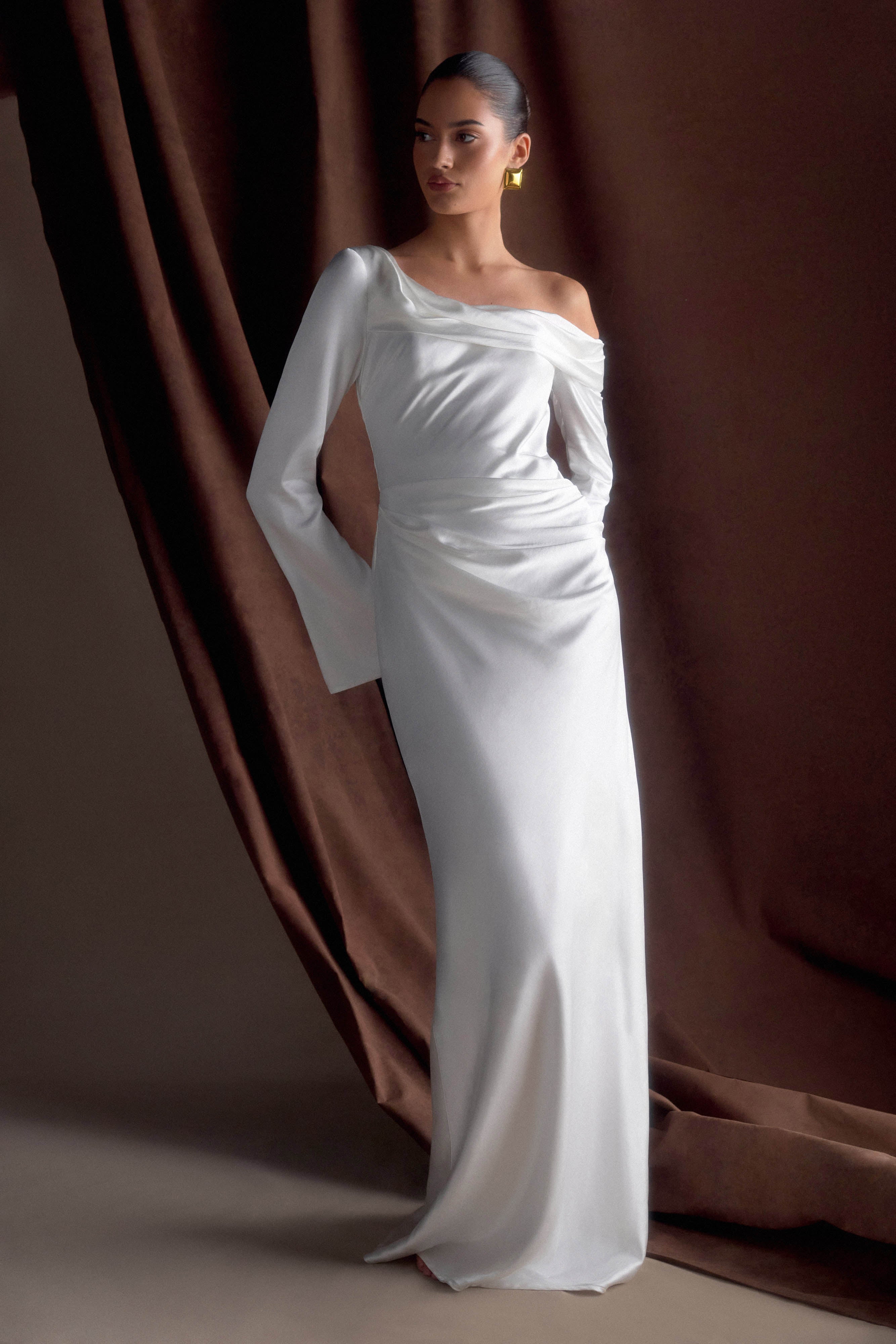 Iris Long Sleeve Satin Maxi Dress - White、mySite、solidvoid