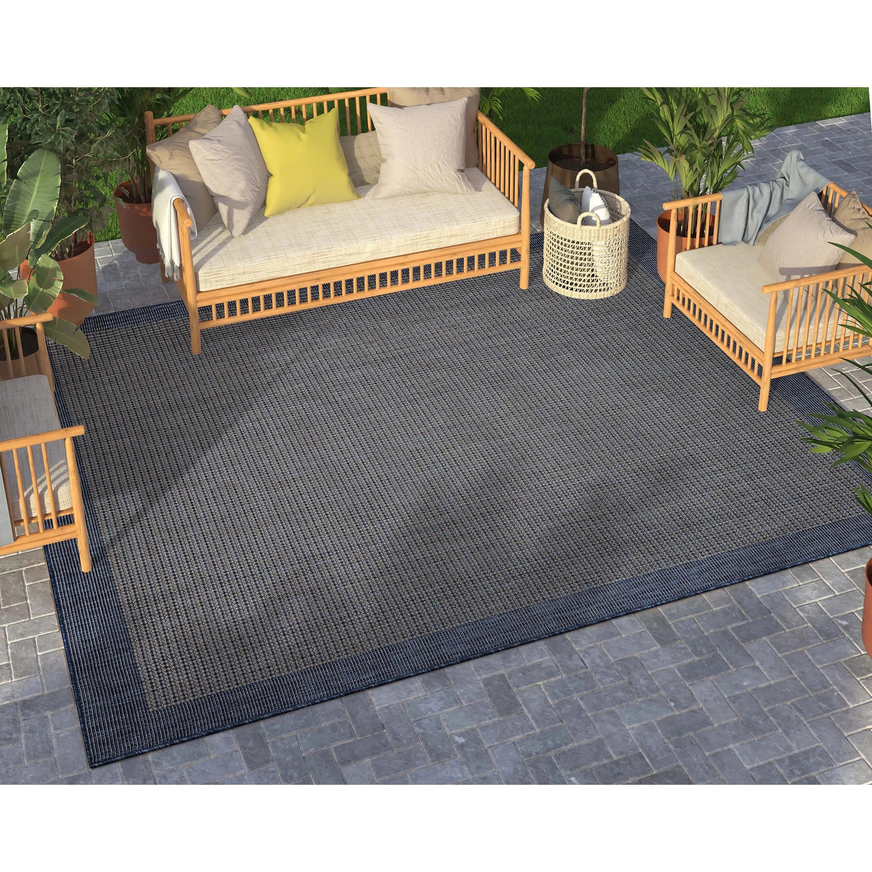 Odin Solid & Striped Border Indoor Outdoor Blue Flatweave Rug、mySite、gigharbornorthrealestate