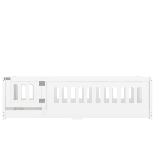 Twin Size Floor Bed with Heightened Safety Guardrails and Door, Solid Wood Bedframe with Rails for Girls, Boys, Teens, Child Bedroom, Kids Playroom, No Slats Included, White、、casual