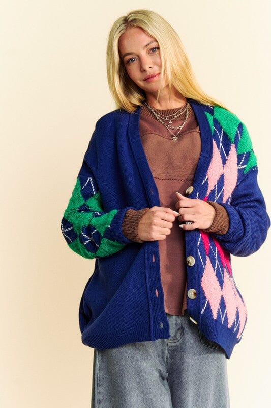 Davi & Dani Argyle V-Neck Dropped Shoulder Cardigan、mySite、camillekostekn