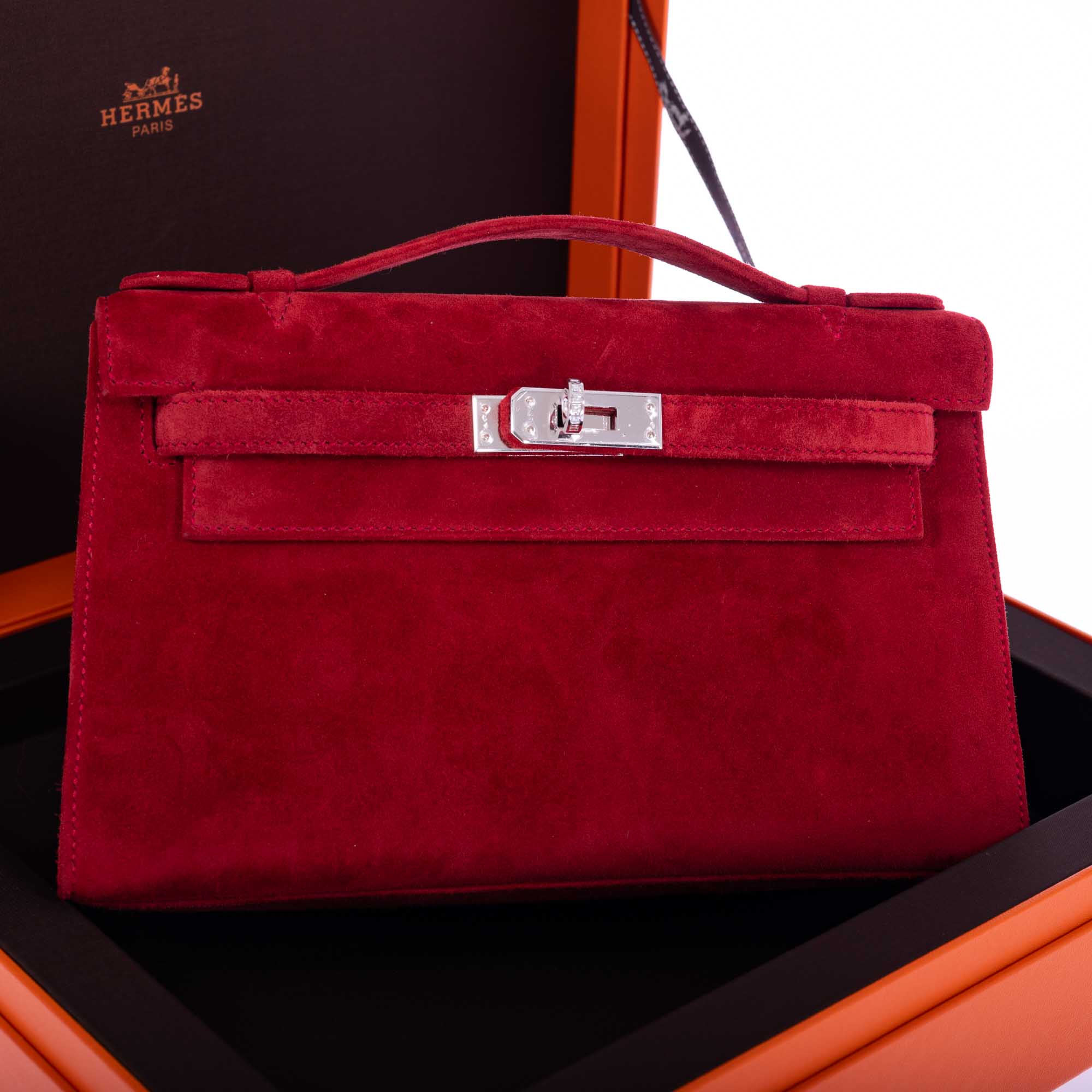 Hermès Exceptional Collection Rubis Veau Doblis Suede Diamond Kelly Pochette with 18k White Gold & Diamond Hardware、mySite、garminoutage.com