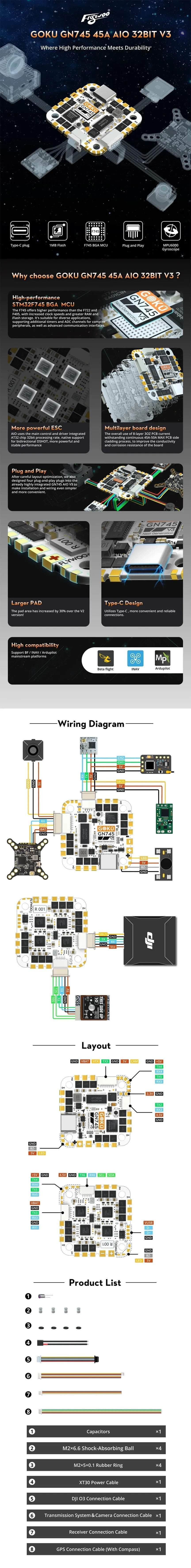 Flywoo GOKU GN745 V3 AIO - F7 FC + 45A 2-6S AM32 4-in-1 ESC - MPU6000 - 25X25