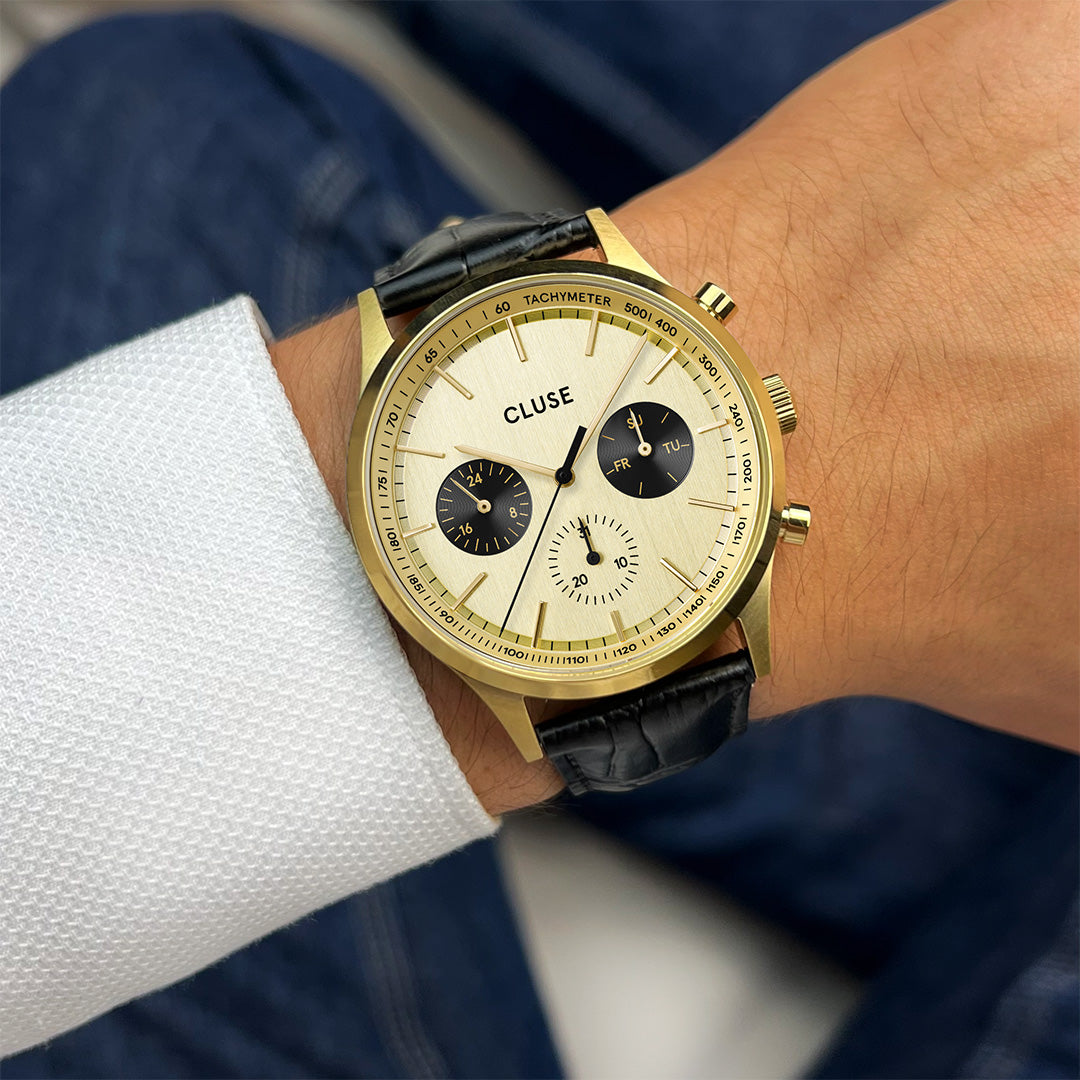  Anthéor Multifunction Watch Leather, Black, Gold Colour