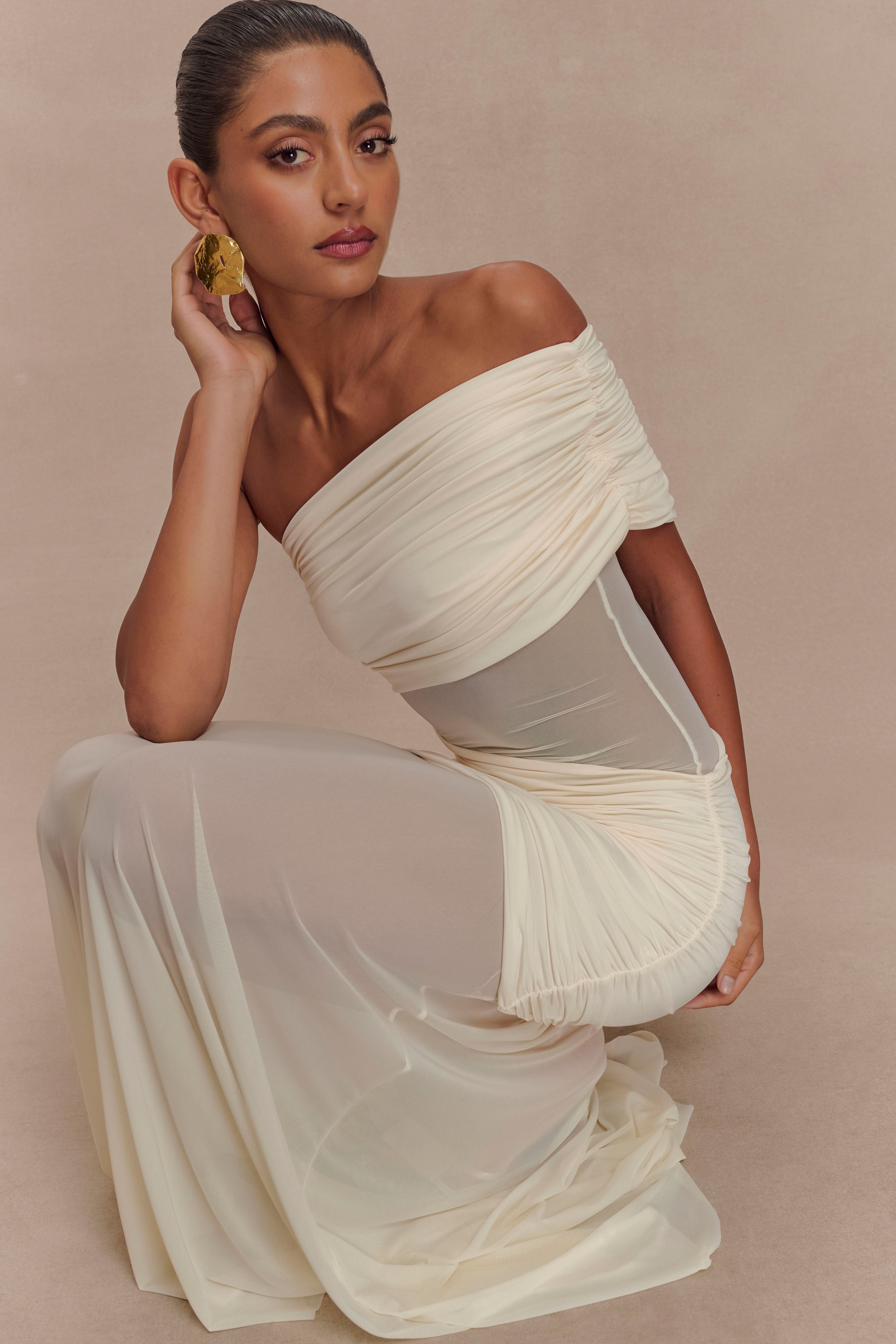 Dallas One Shoulder Mesh Maxi Dress - Ivory、mySite、solidvoid