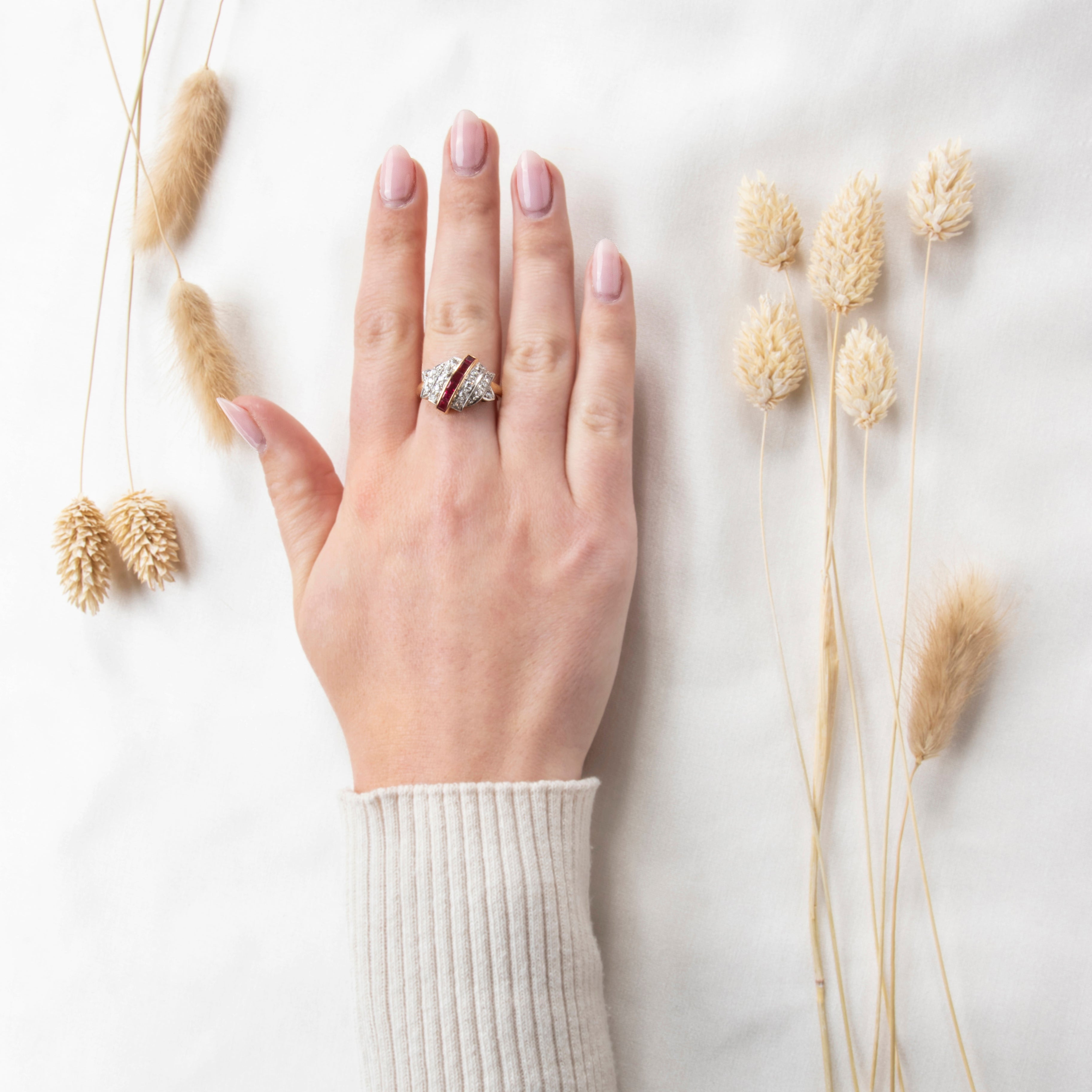 Antique 14k Yellow & White Gold .892cttw Diamond Ruby Art Deco Ring 8.5、mySite、hinf8tx79