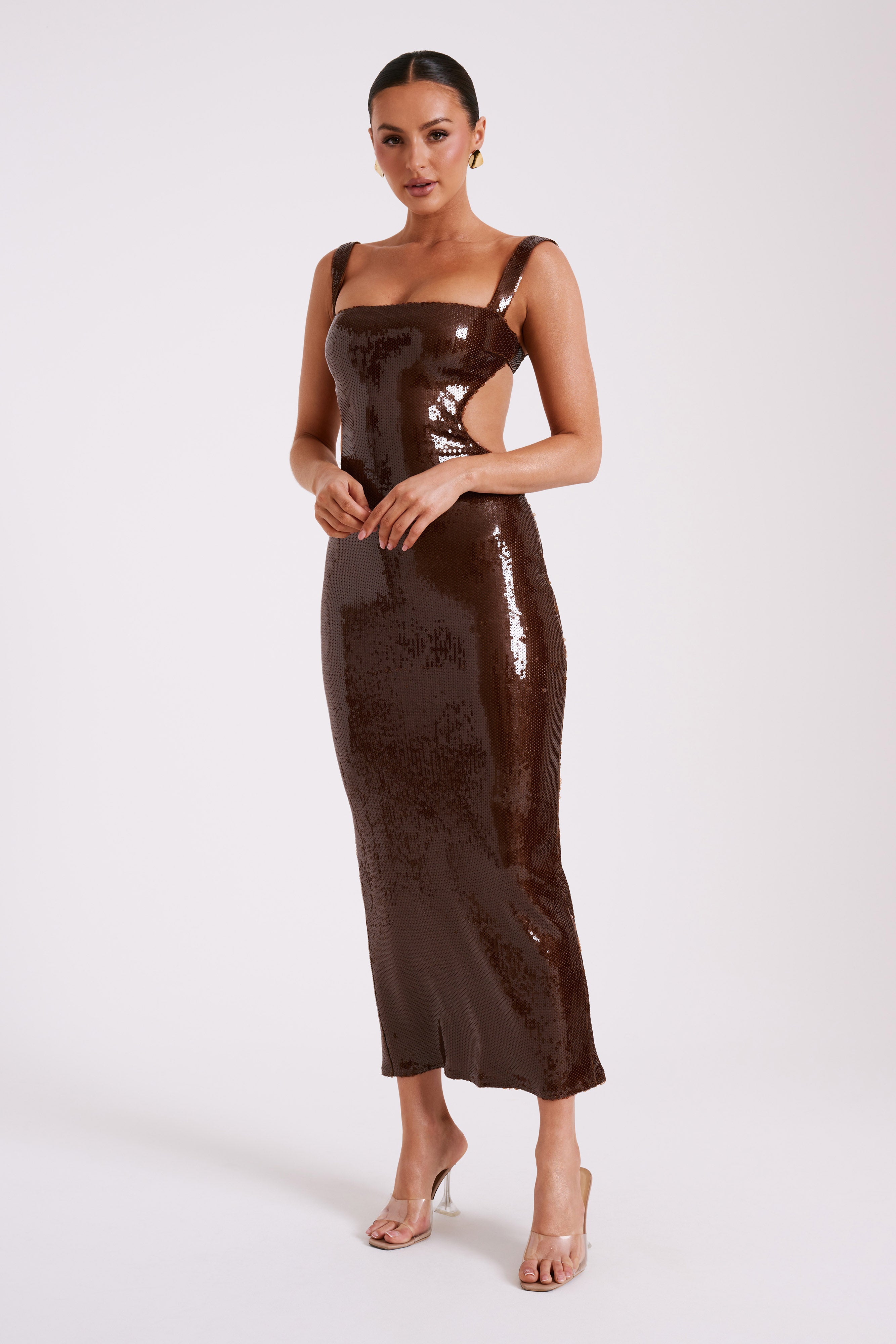Adoria Sequin Cut Out Maxi Dress - Chocolate、mySite、solidvoid