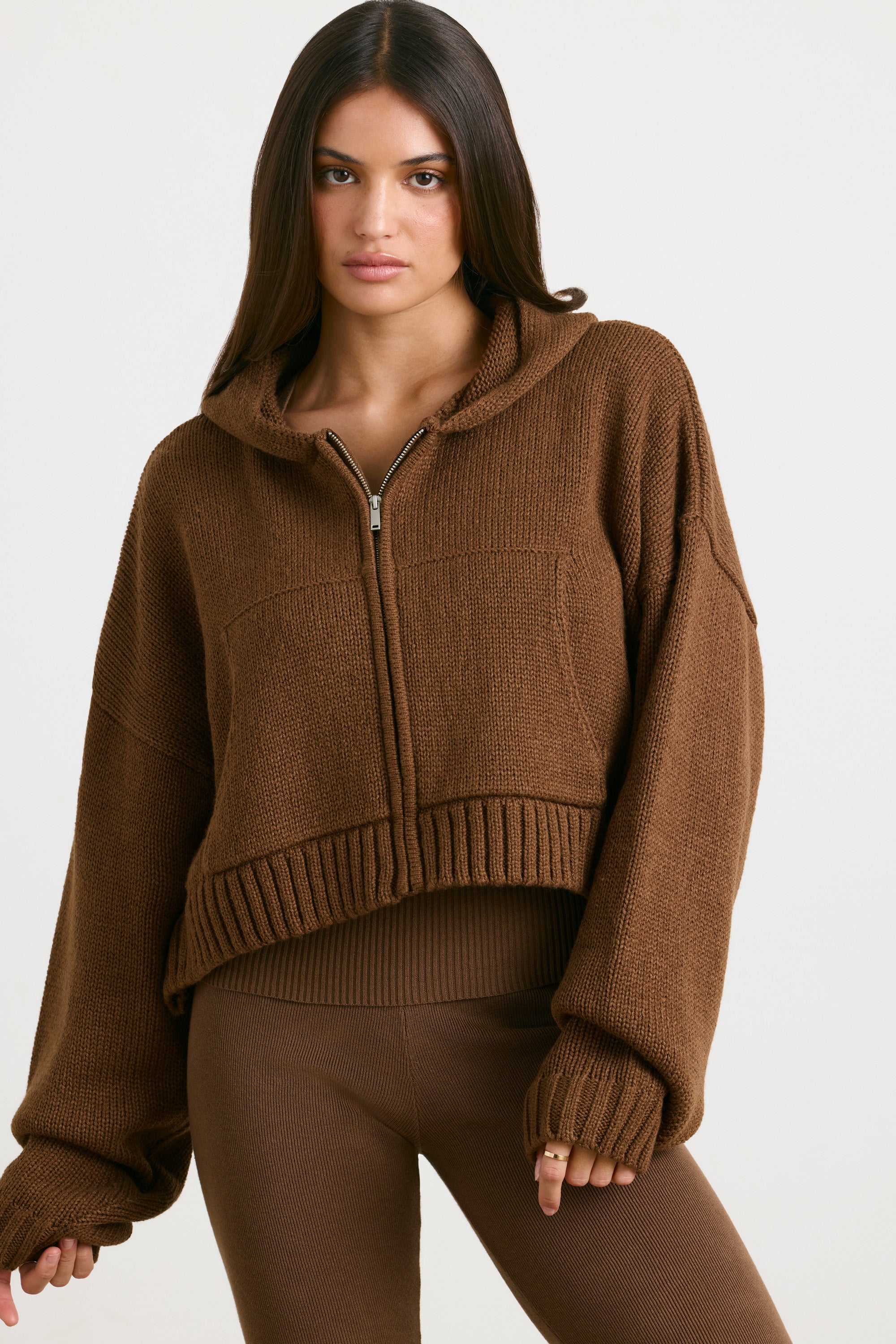 Cropped Zip Up Chunky Knit Hoodie in Espresso、mySite、solidvoid