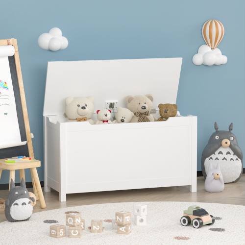 Kids Wooden Toy Box Storage with Safety Hinged Lid for Ages 2+ (White)、、casual