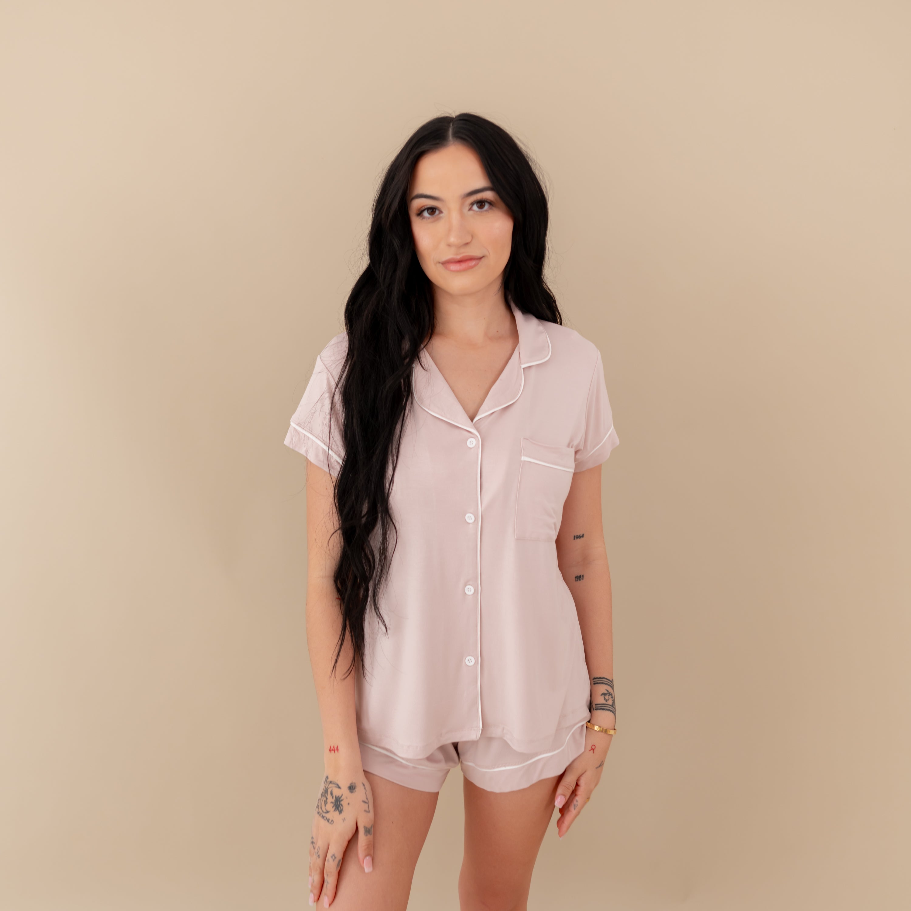  Women’s Short Sleeve Pajama Set in Blush with Cloud Trim、mySite、layawaytickets