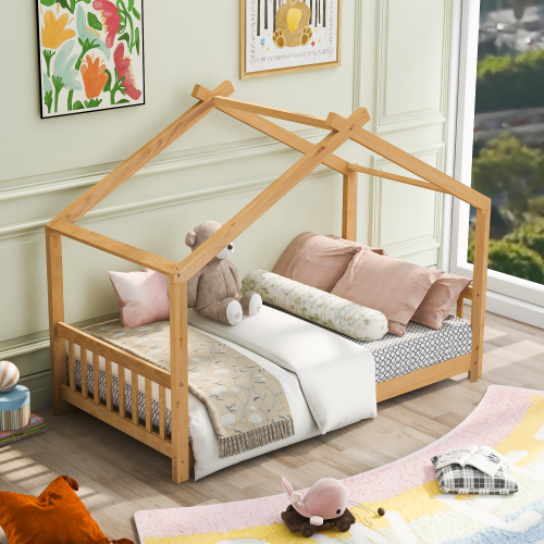 Twin Size House Platform Bed with Headboard and Footboard,Roof Design,Natural、、casual