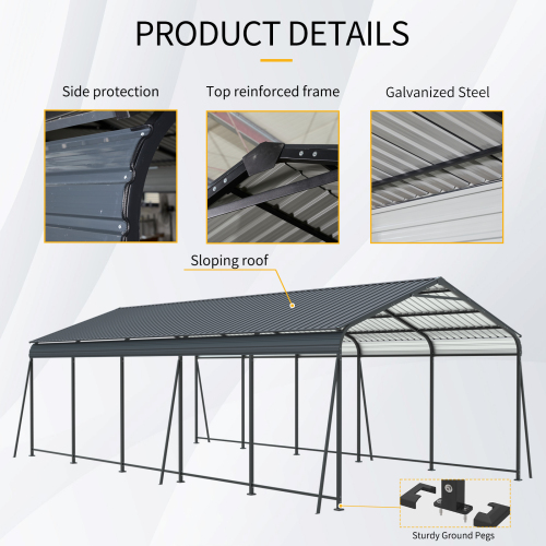 12 X 32 FT Carport, Heavy Duty Carport with Galvanized Steel Roof and Frame, Metal Carport Large Garage with 4 Fixed inclined square tube supports for Driveway Car, Truck、、eastwooduniform