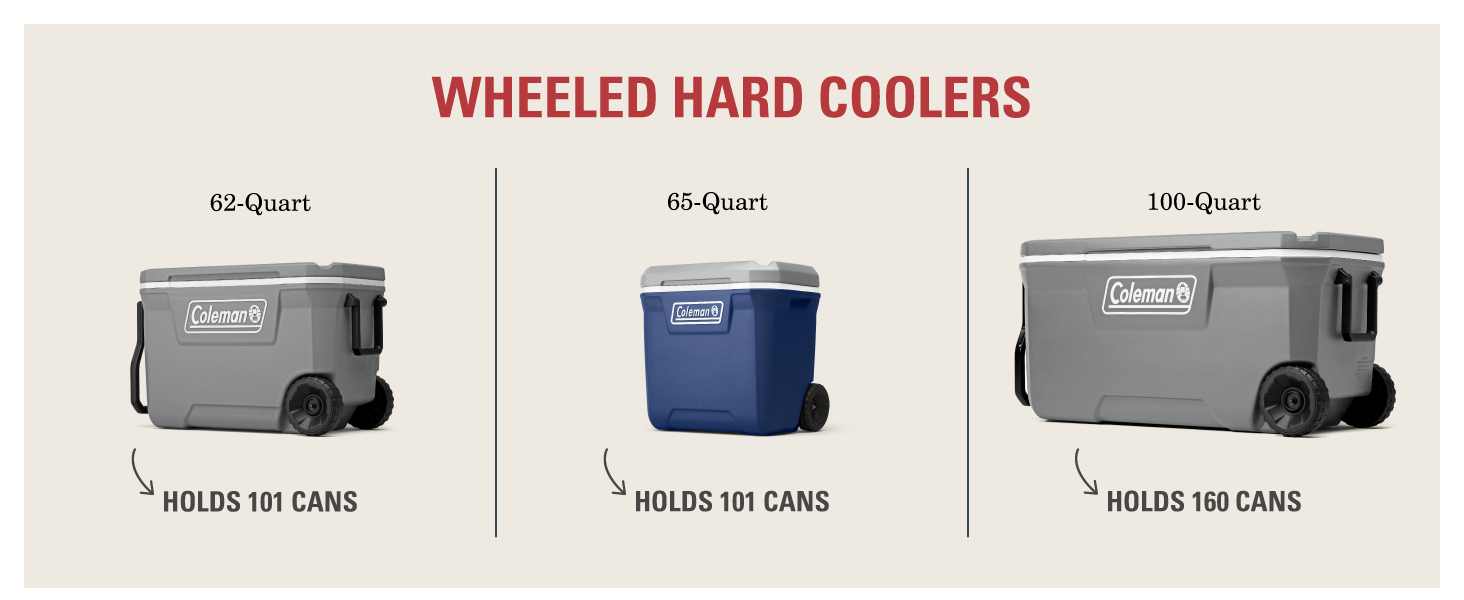 coleman wheeled hard coolers blue navy grey white quart cans large portable durable lid handles