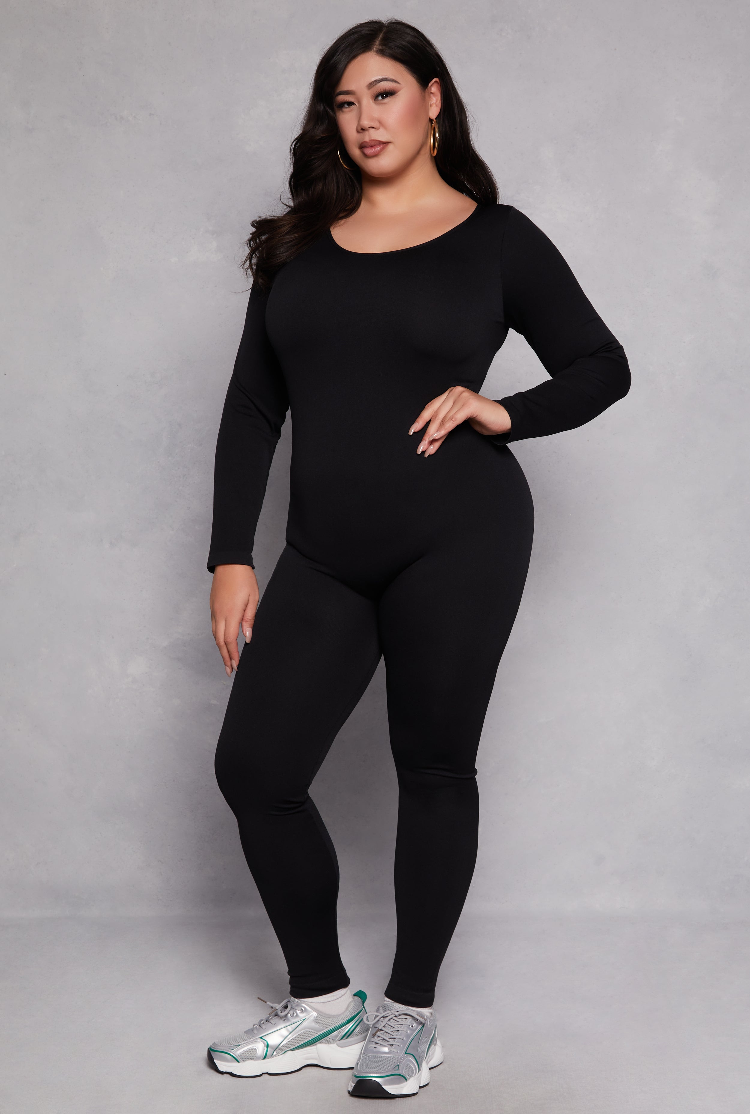 Plus Size Ribbed Knit Long Sleeve Catsuit、mySite、camillekostekn